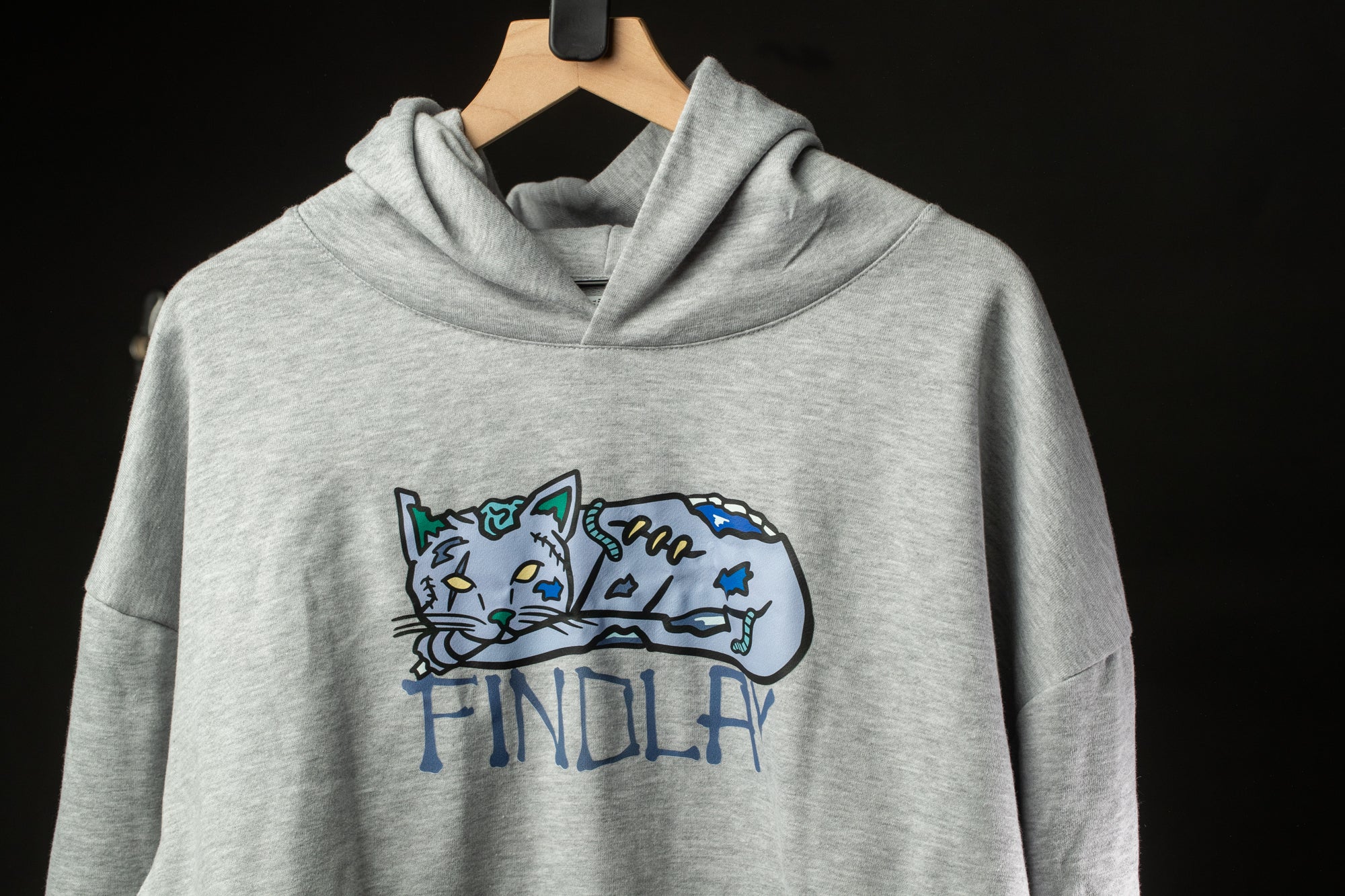A gray hoodie with a graphic of a cat and the word "FINOL" printed on it.