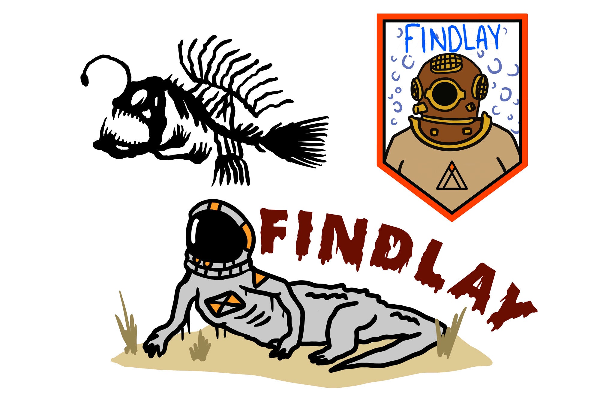 three distinct illustrations: a black and white fish, a person wearing a diving suit, and a person wearing a helmet with the word "FINDLAY" written on it.