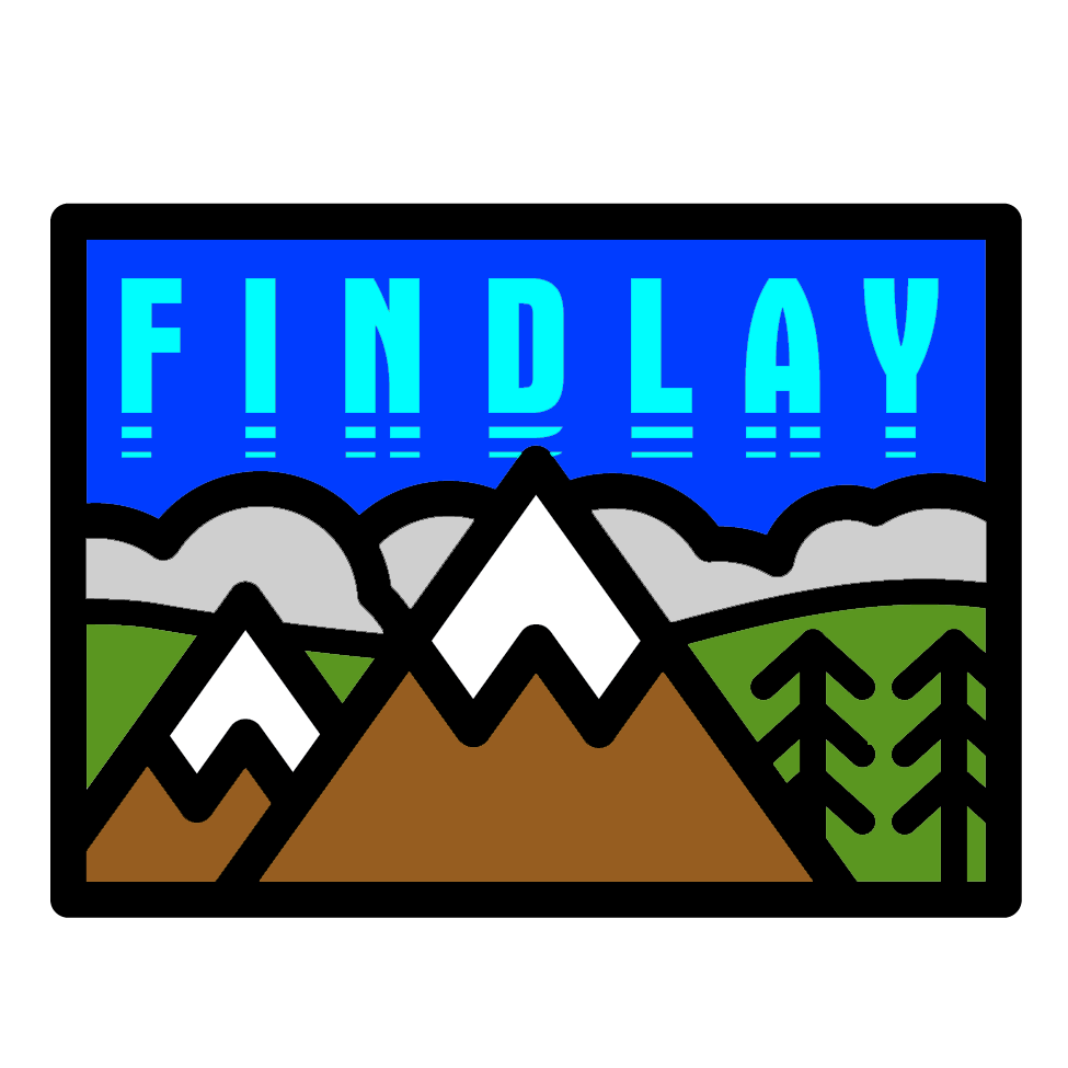 a stylized mountain landscape with the word "FINDLAY" prominently displayed in the center.