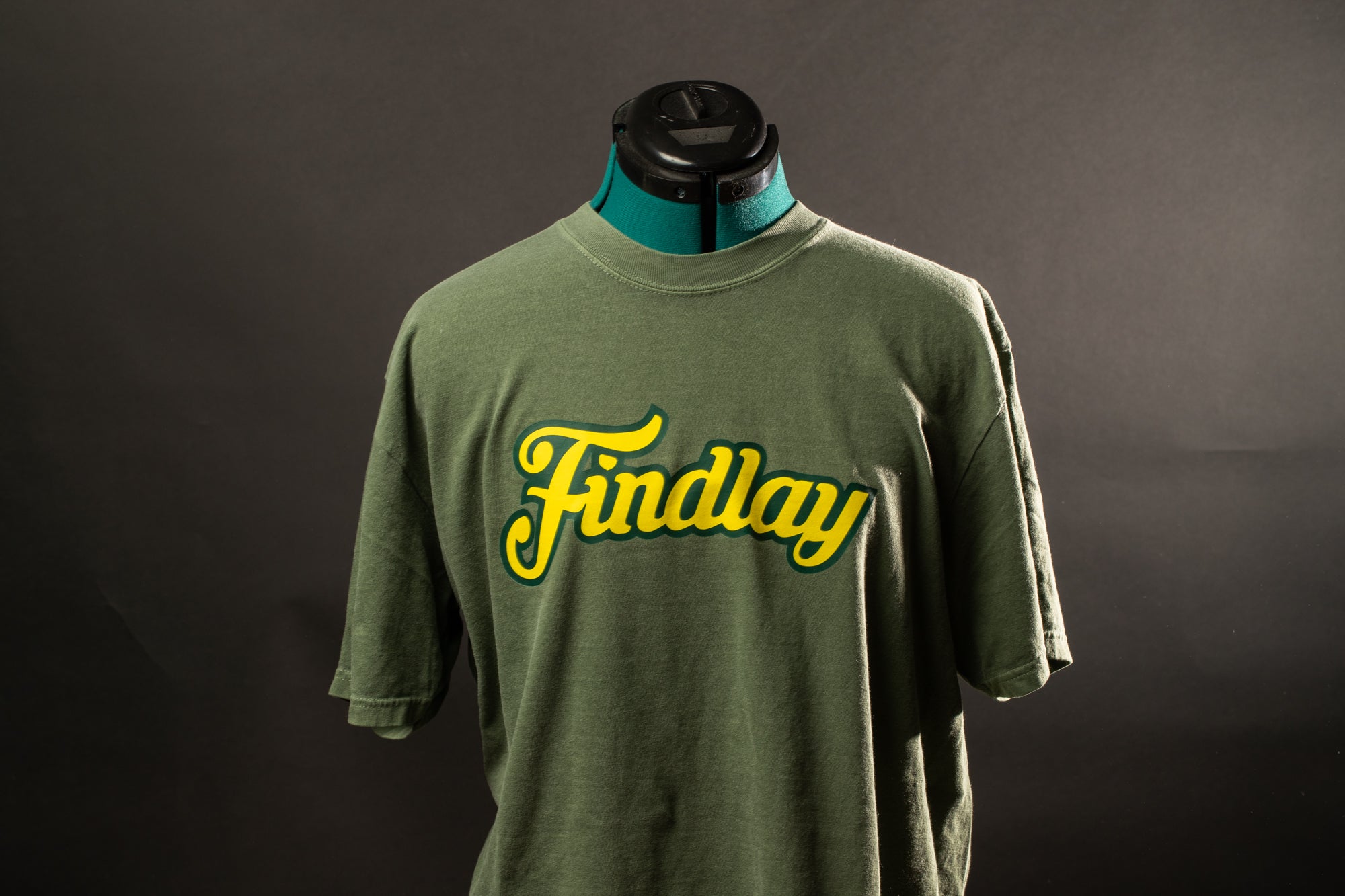 A green t-shirt with yellow text on it, displayed on a mannequin head against a dark background.