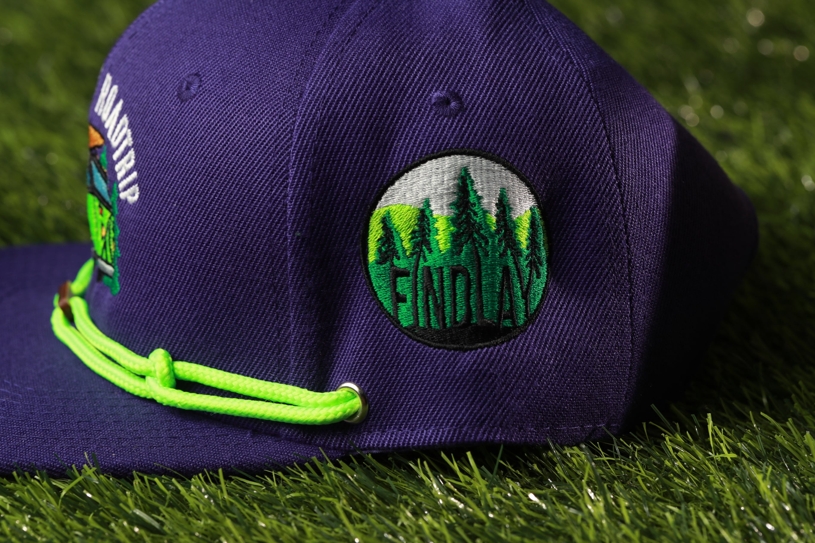 A purple baseball cap with a green string and a circular patch on the front, featuring a forest scene and the word "FIND DAY" written on it.