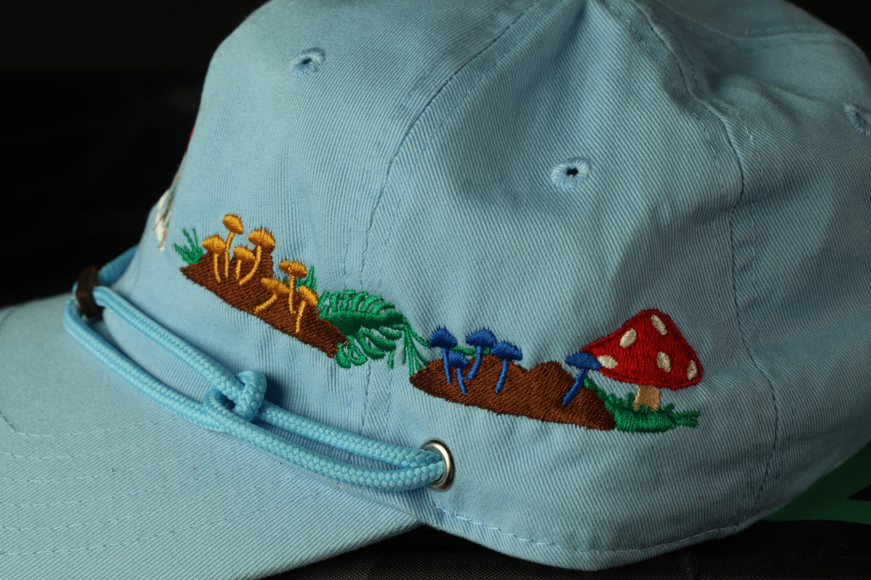 A close-up view of a light blue baseball cap with a colorful embroidered design depicting mushrooms and plants.