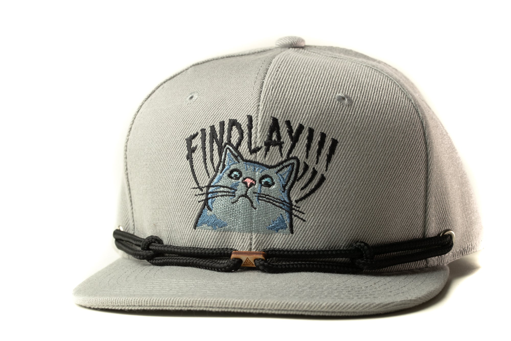 A gray baseball cap with a cat embroidered on it, featuring the text "FIND LAY!!!"