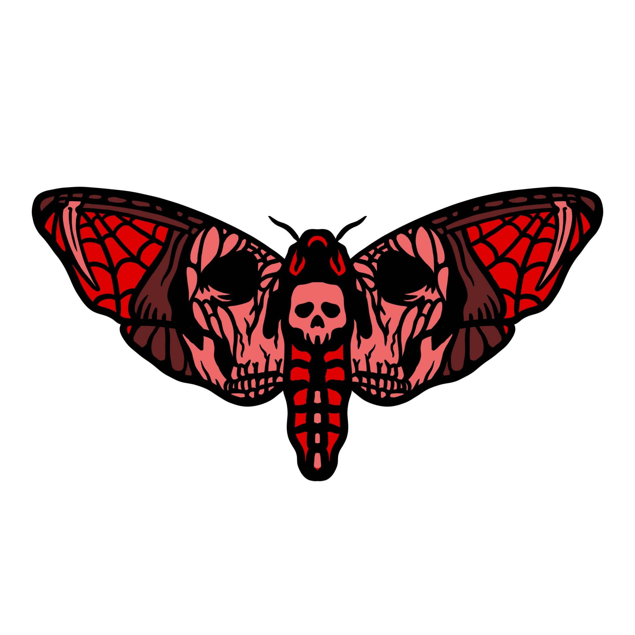 A stylized illustration of a red and black moth with a skull design on its wings.