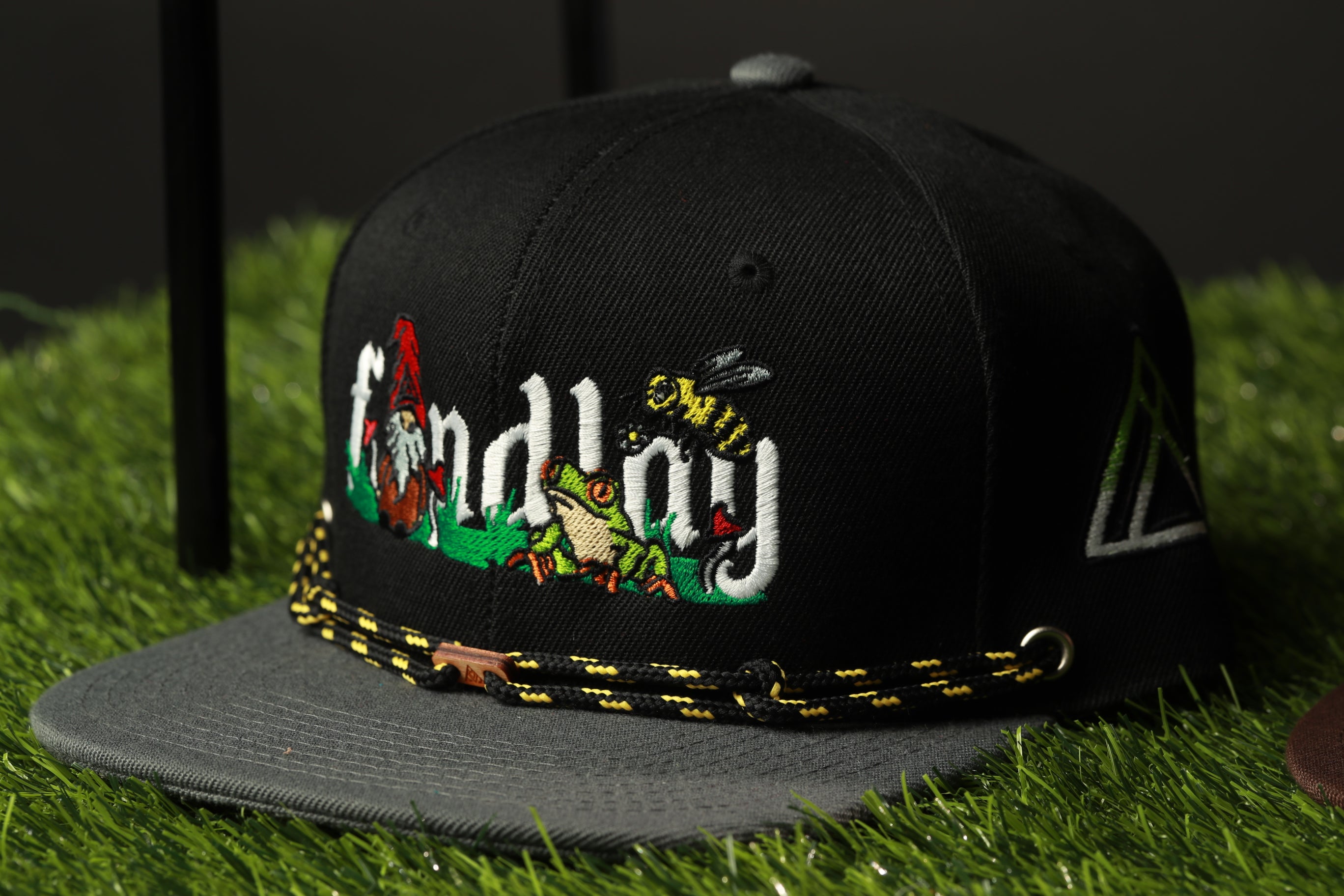 A black baseball cap with a colorful embroidered design on the front, featuring a frog, bee, and other insects.