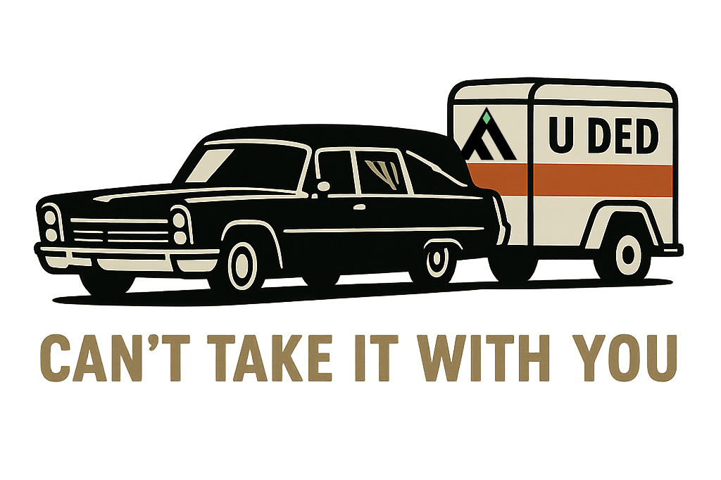 A black car is pulling a trailer with the text "U DED" on it.