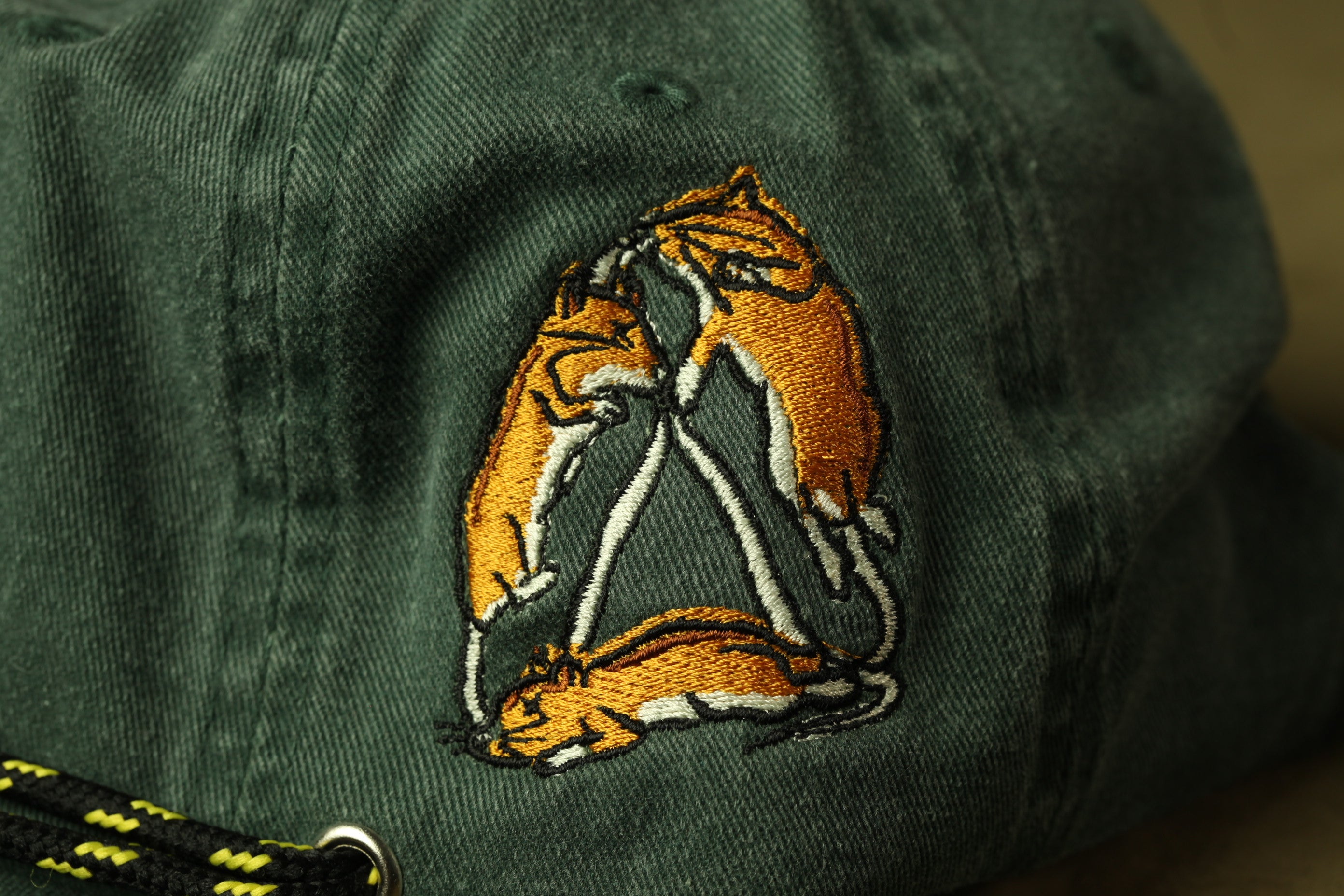 a close-up view of a green baseball cap with an embroidered design featuring two cartoon-like cats.