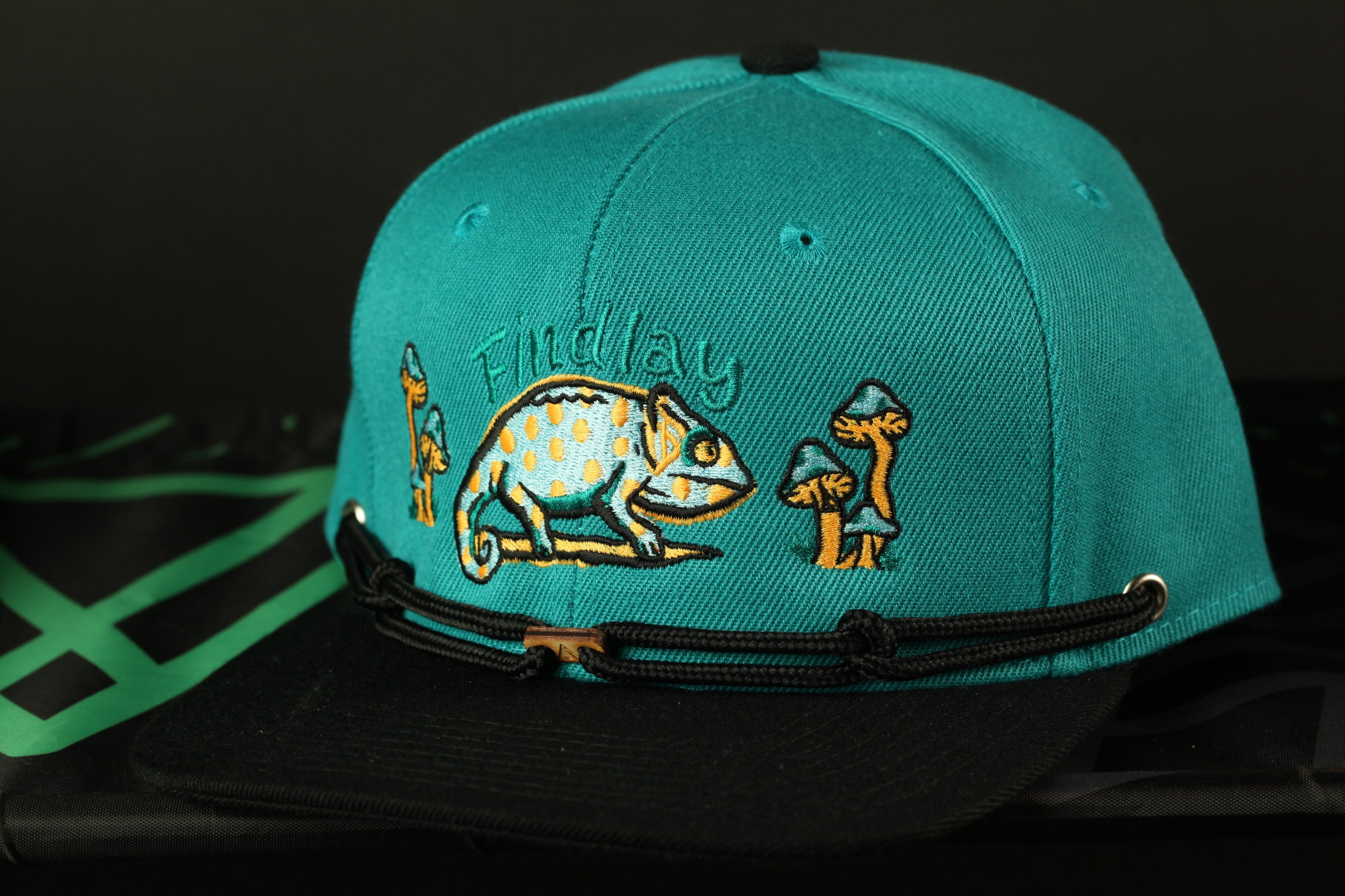 A turquoise baseball cap with a black brim and a black lace trim, featuring an embroidered design of a chameleon and mushrooms.