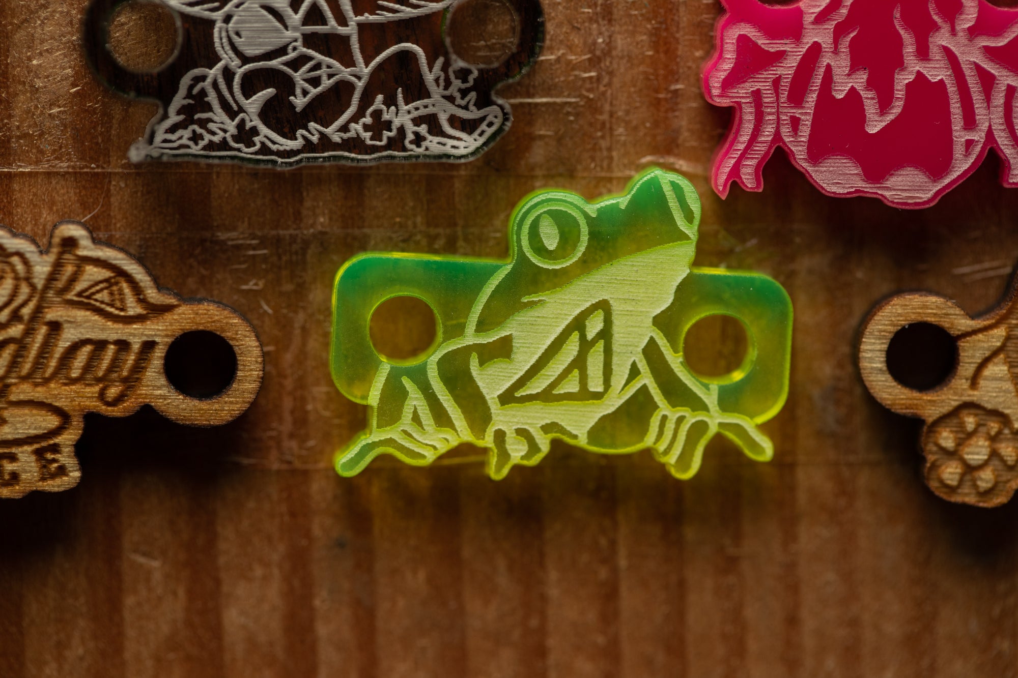a close up of a wooden surface with various items on it
