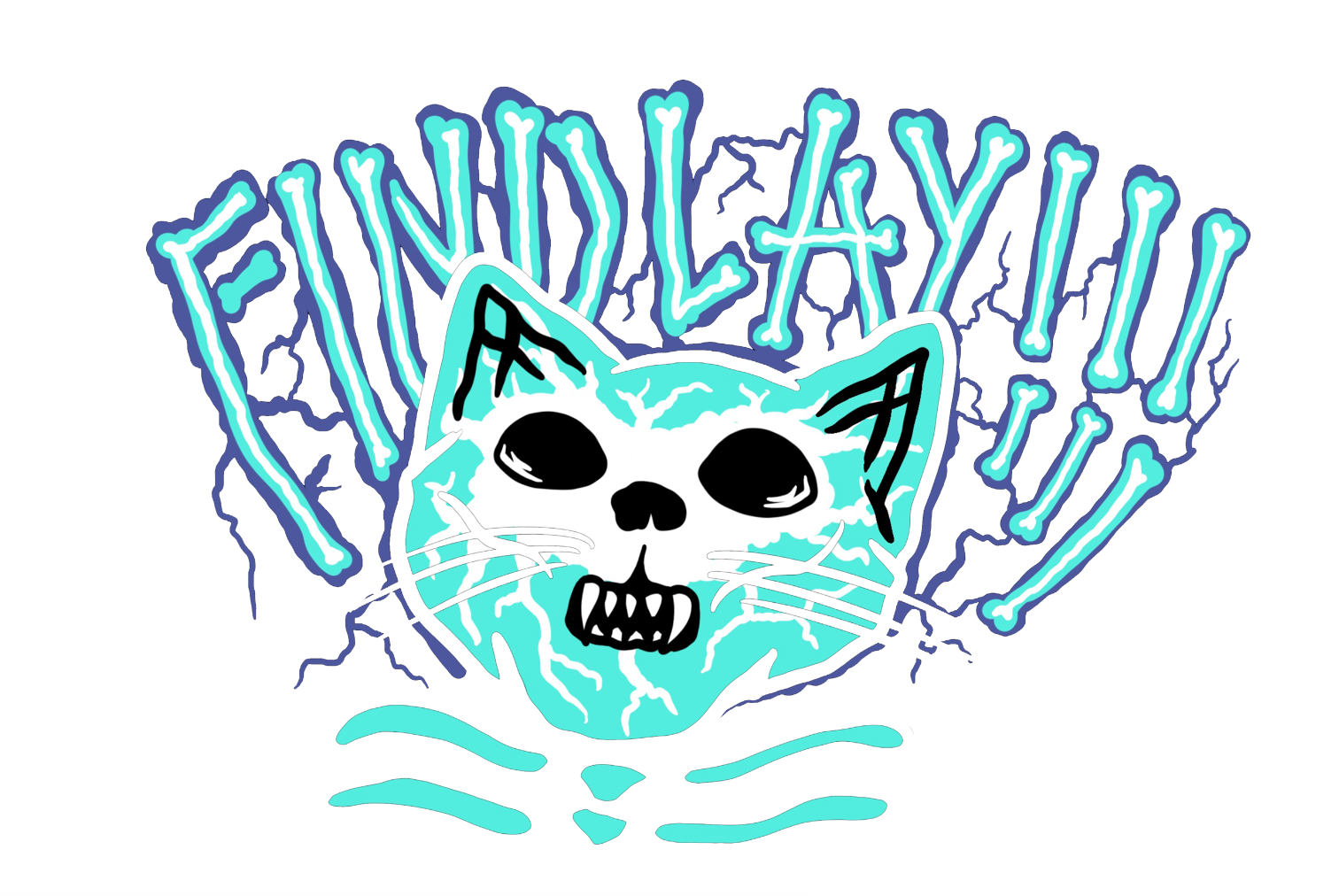 A stylized illustration of a cat with a skull-like face, surrounded by blue and teal text that reads "FIND LAYAY!!".