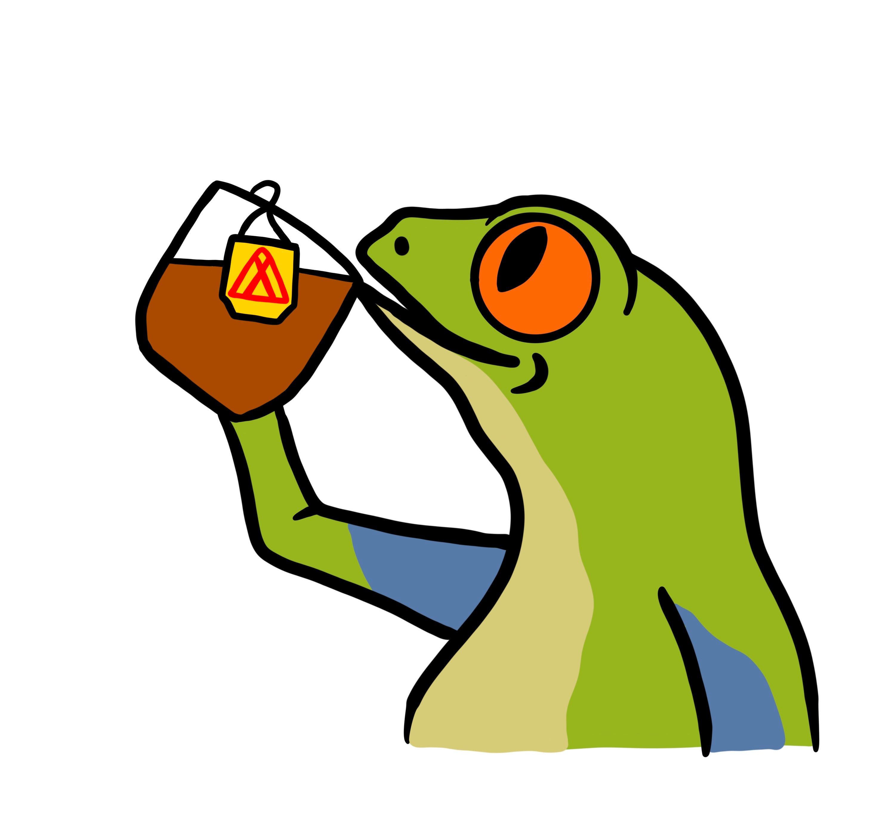 A green frog is drinking from a glass with a red and yellow warning label.