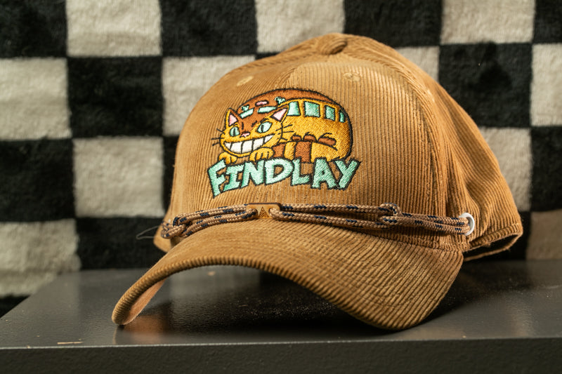 A brown baseball cap with a cat design and the word "FIND LAY" printed on it, sitting on a surface against a checkered background.