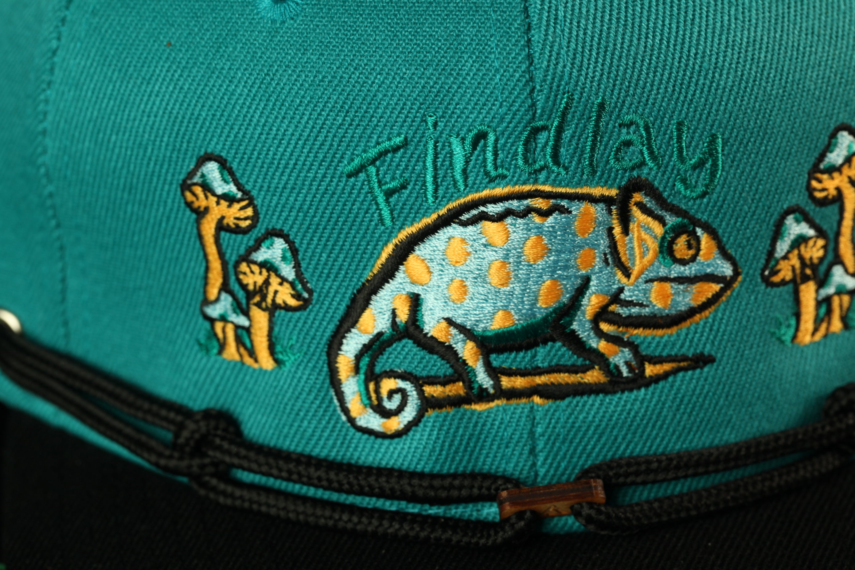 A close-up view of a teal-colored fabric with a detailed embroidered design featuring a chameleon and mushrooms.