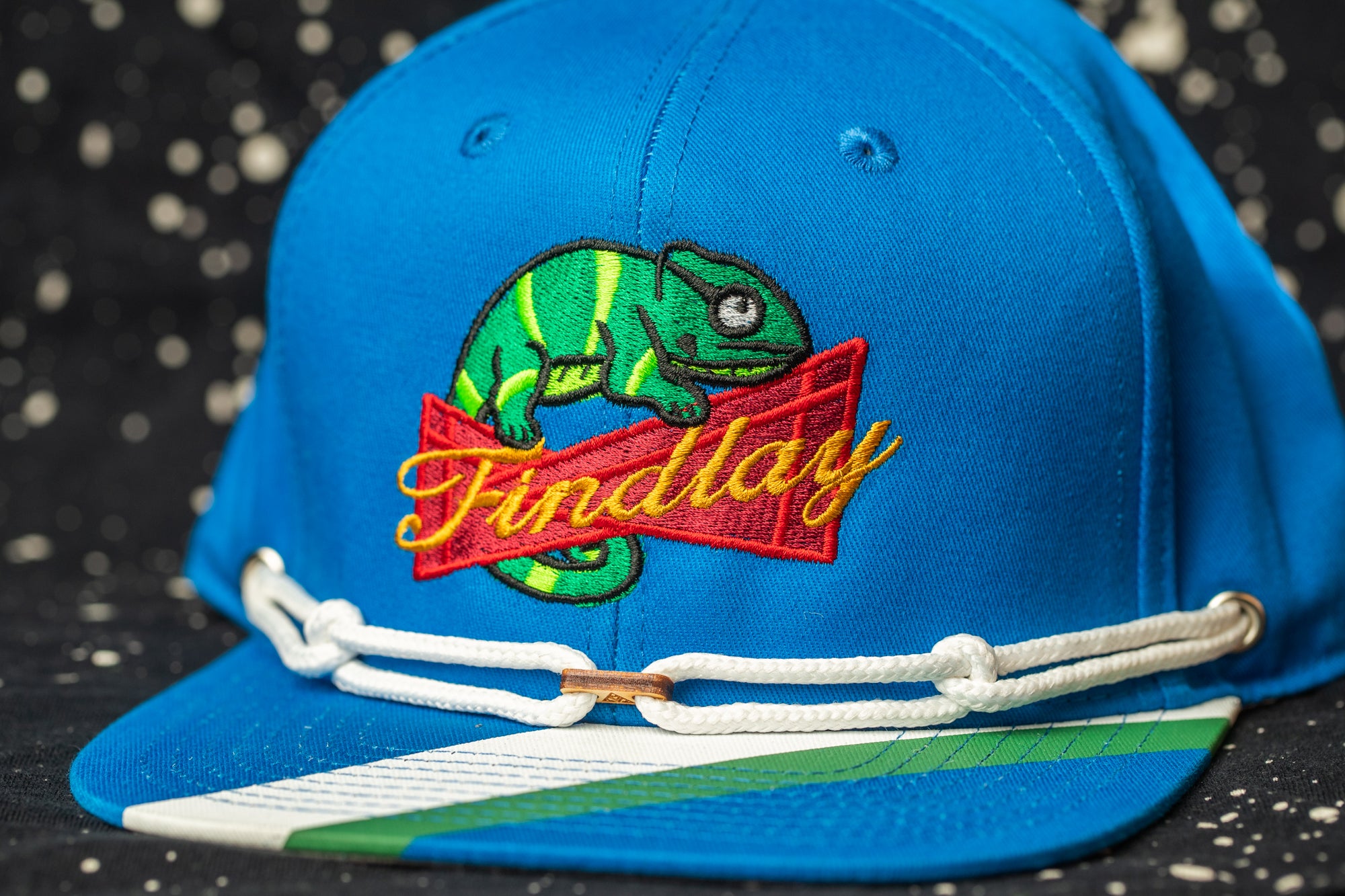 A blue baseball cap with a colorful chameleon design and the word "Findlay" printed on it.