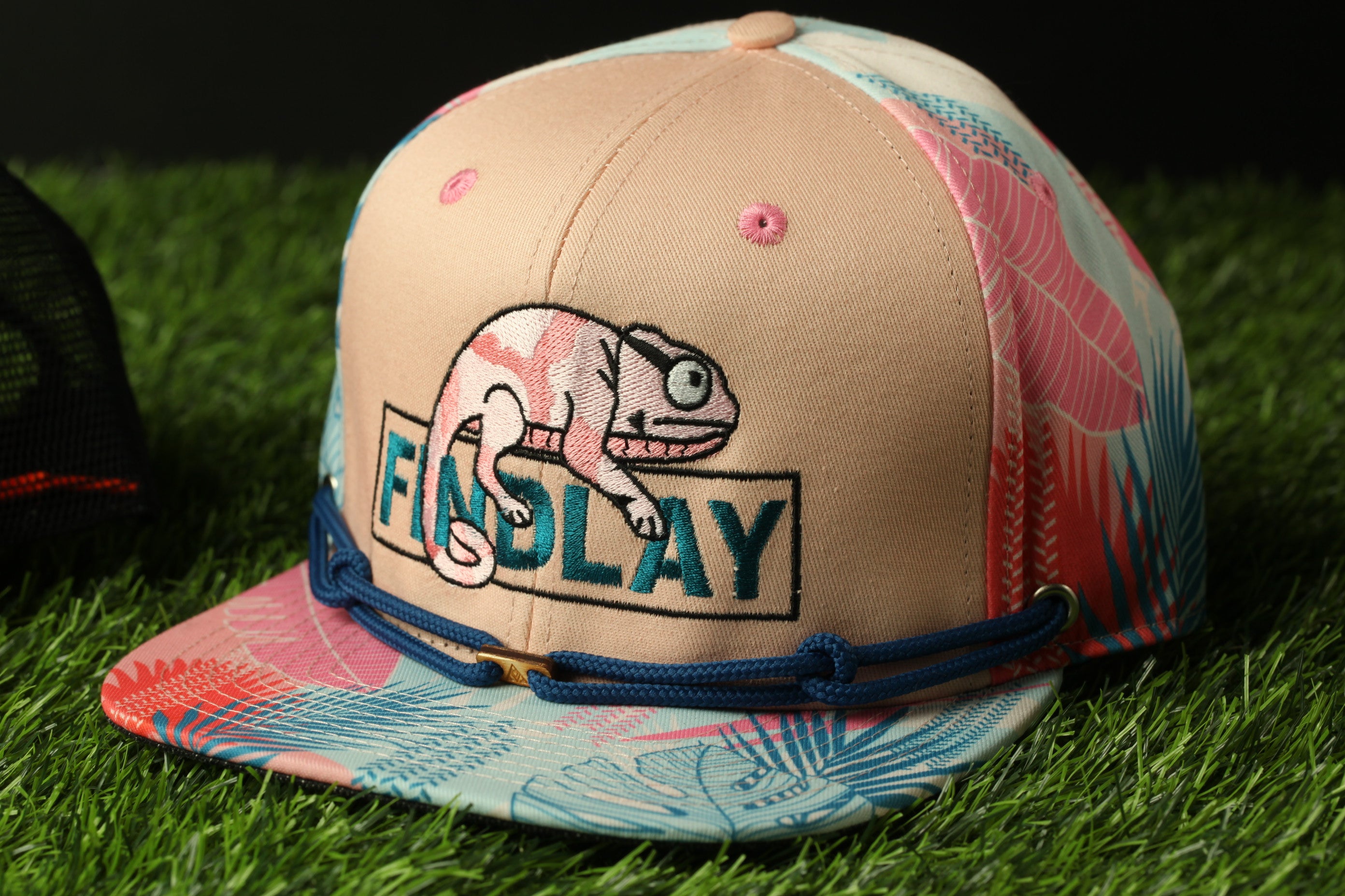 A colorful baseball cap with a chameleon design and the word "FINDLAY" printed on it, sitting on a grassy surface.