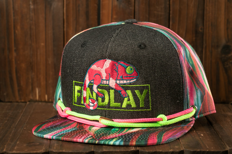A colorful baseball cap with a cartoon chameleon design and the word "FINSLAY" printed on it.