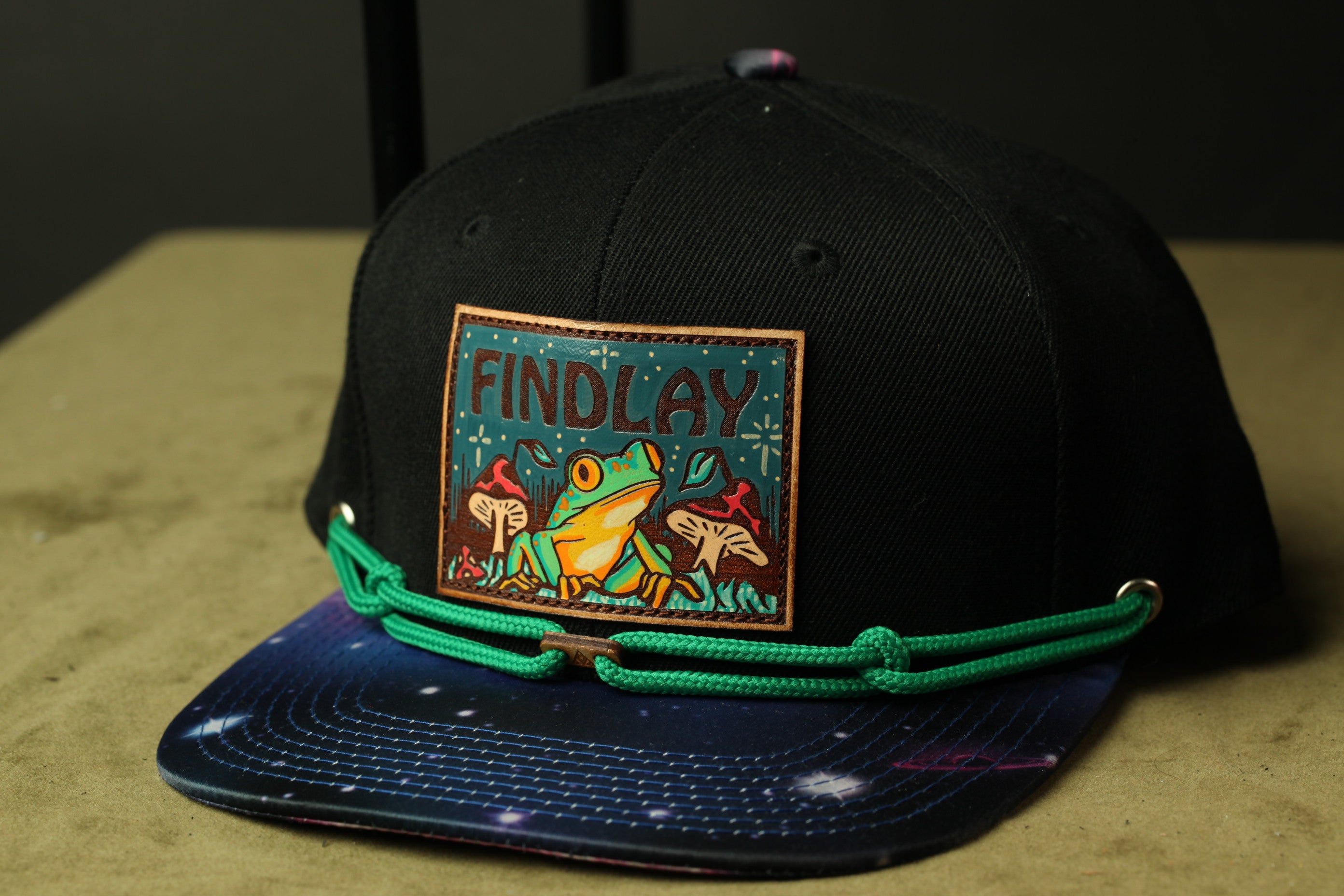 A black baseball cap with a colorful patch featuring a frog and mushrooms, along with the text "FINDLAY" printed on it.