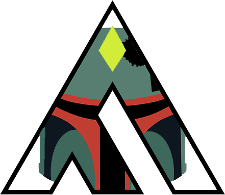 The image is a stylized letter 'A' composed of various geometric shapes and patterns, including triangles, rectangles, and diamonds.