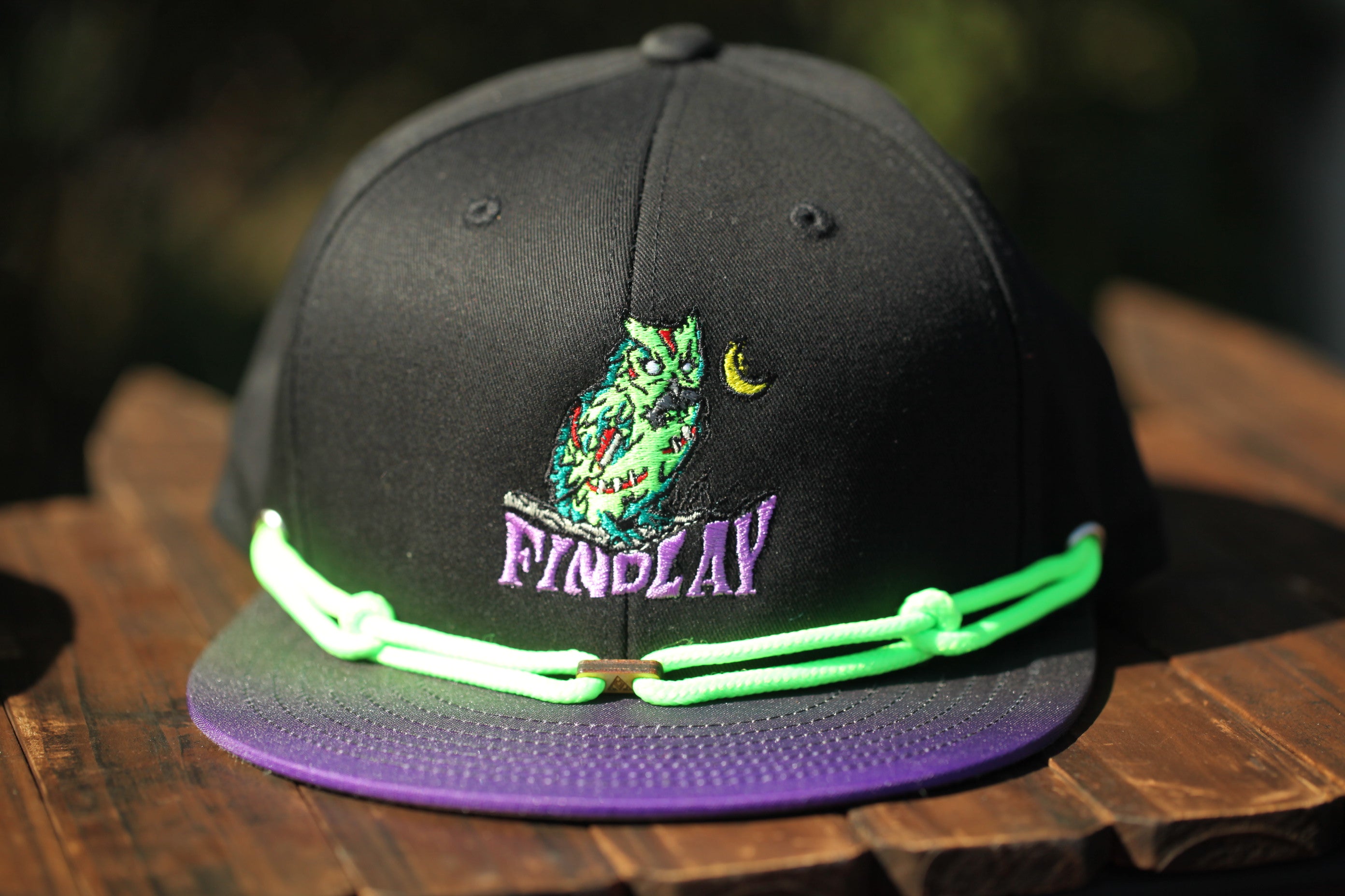 A black baseball cap with a purple brim and neon green strings, featuring a graphic of a green owl and the word "FINDlay" on the front.