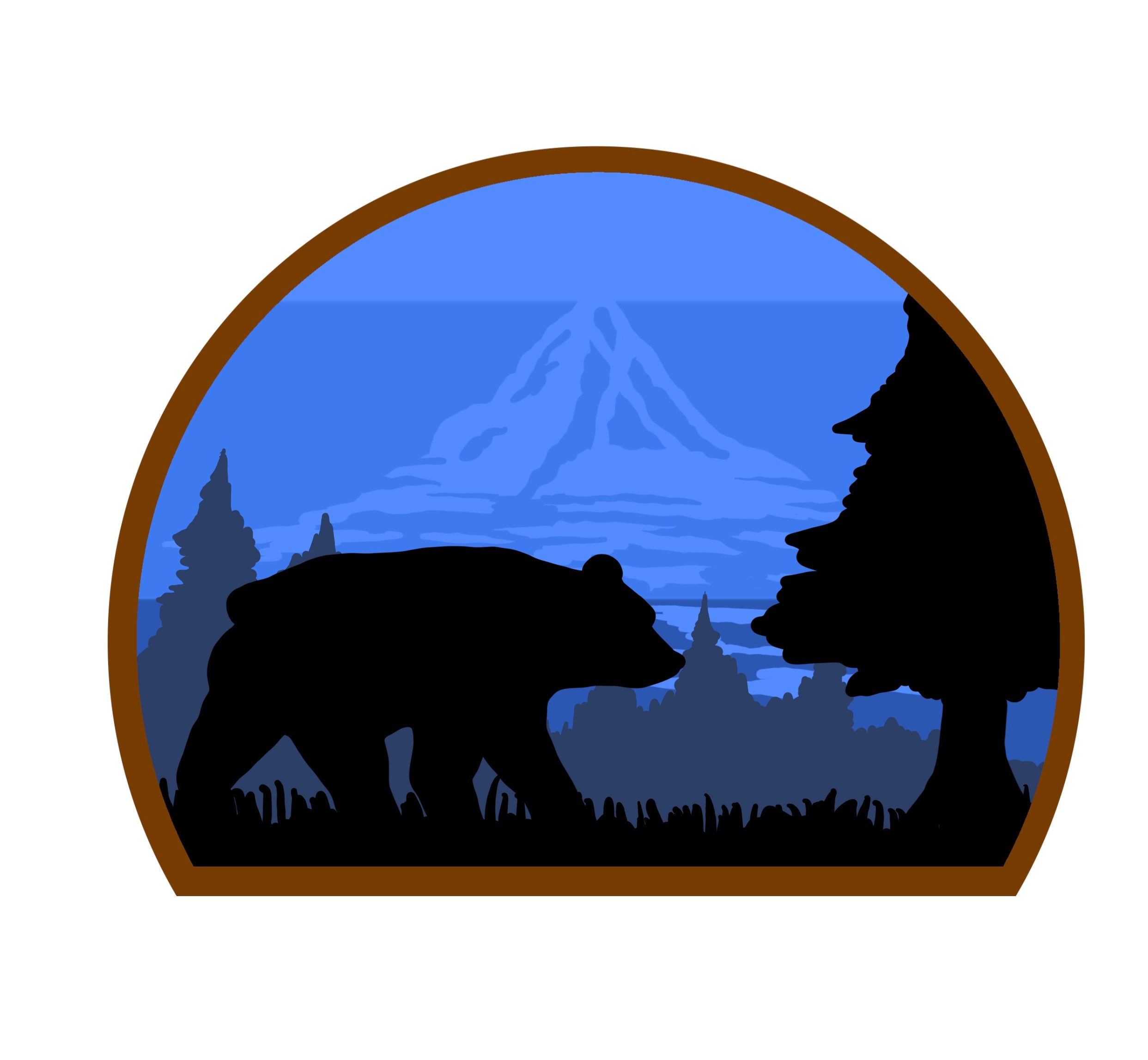 A silhouette of a bear walking through a forest with a mountain in the background.