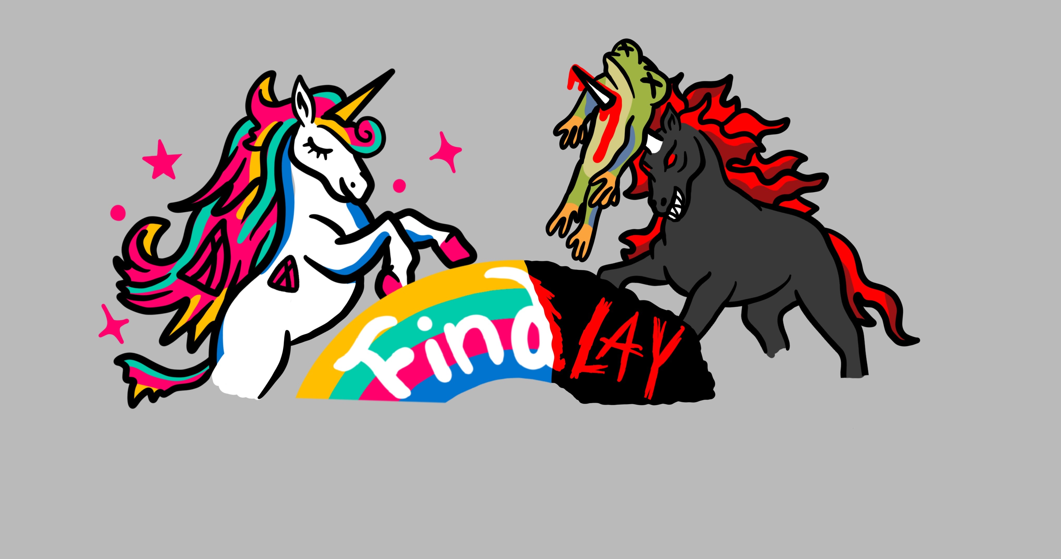 A colorful illustration of two unicorn characters, one white and one black, with a rainbow-colored rainbow in the background. The word "Findlay" is written on the rainbow.