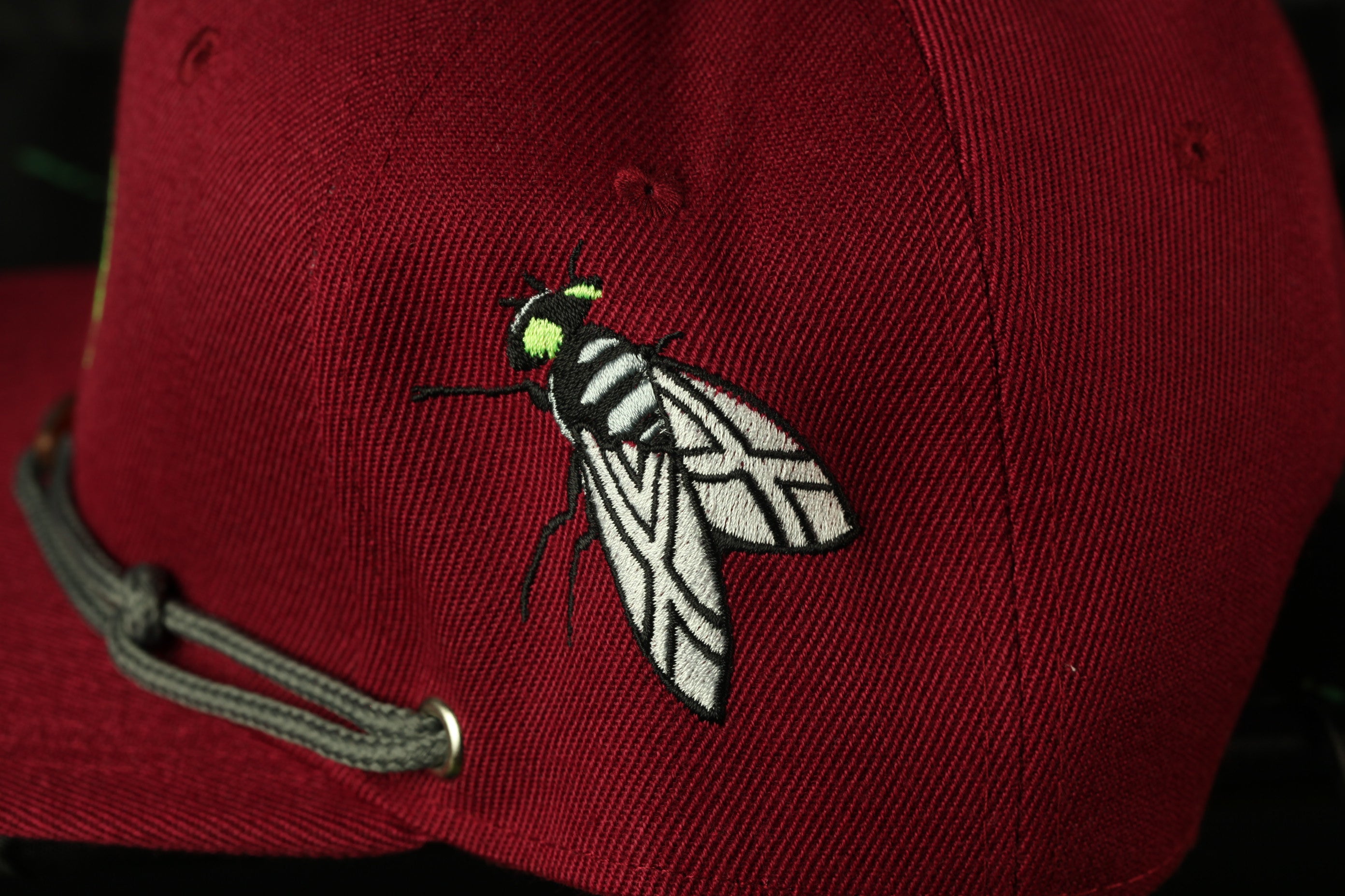 A close-up view of a red baseball cap with a detailed embroidered image of a fly on the front.