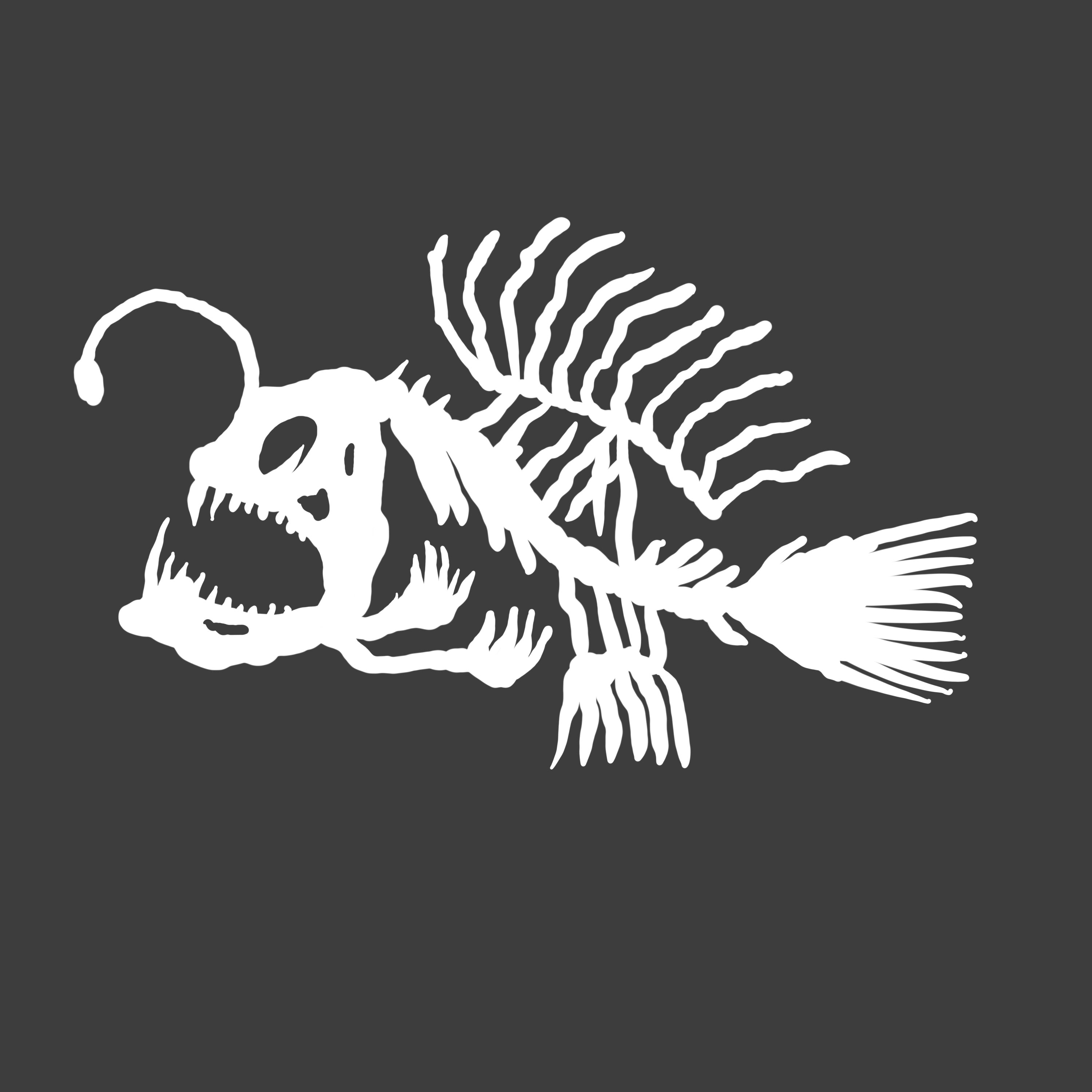 A stylized white fish with a long, sharp tail is depicted against a dark background.