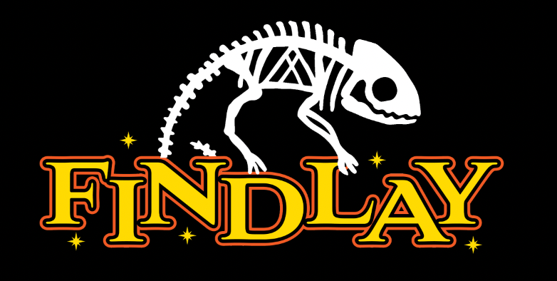 a skeleton of a dinosaur, with the word "FIND LAY" written below it in a stylized font.