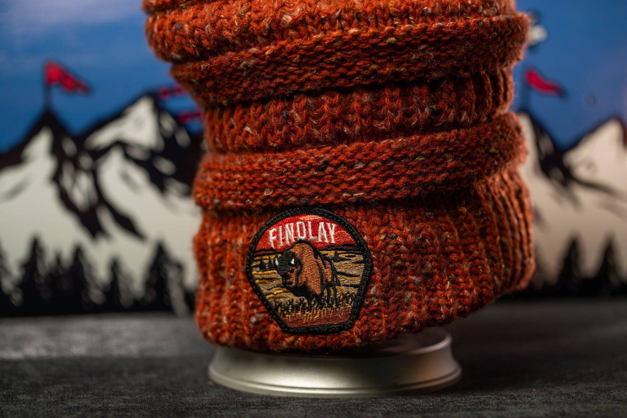 A close-up image of a knitted hat with a patch on it, featuring a bison design, against a background of mountains and flags.