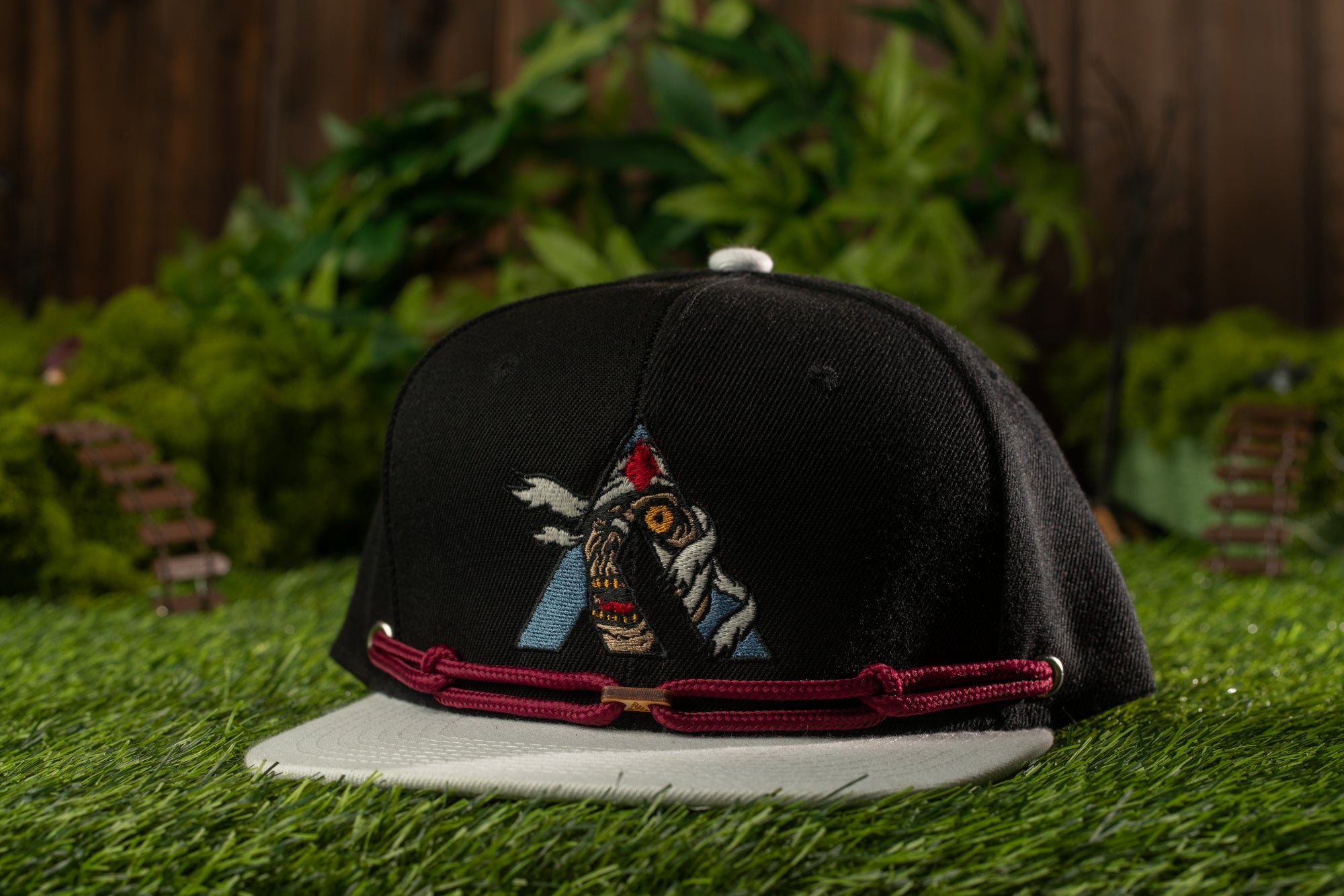 A black baseball cap with a colorful graphic on it, placed on a grassy surface with a wooden fence and greenery in the background.