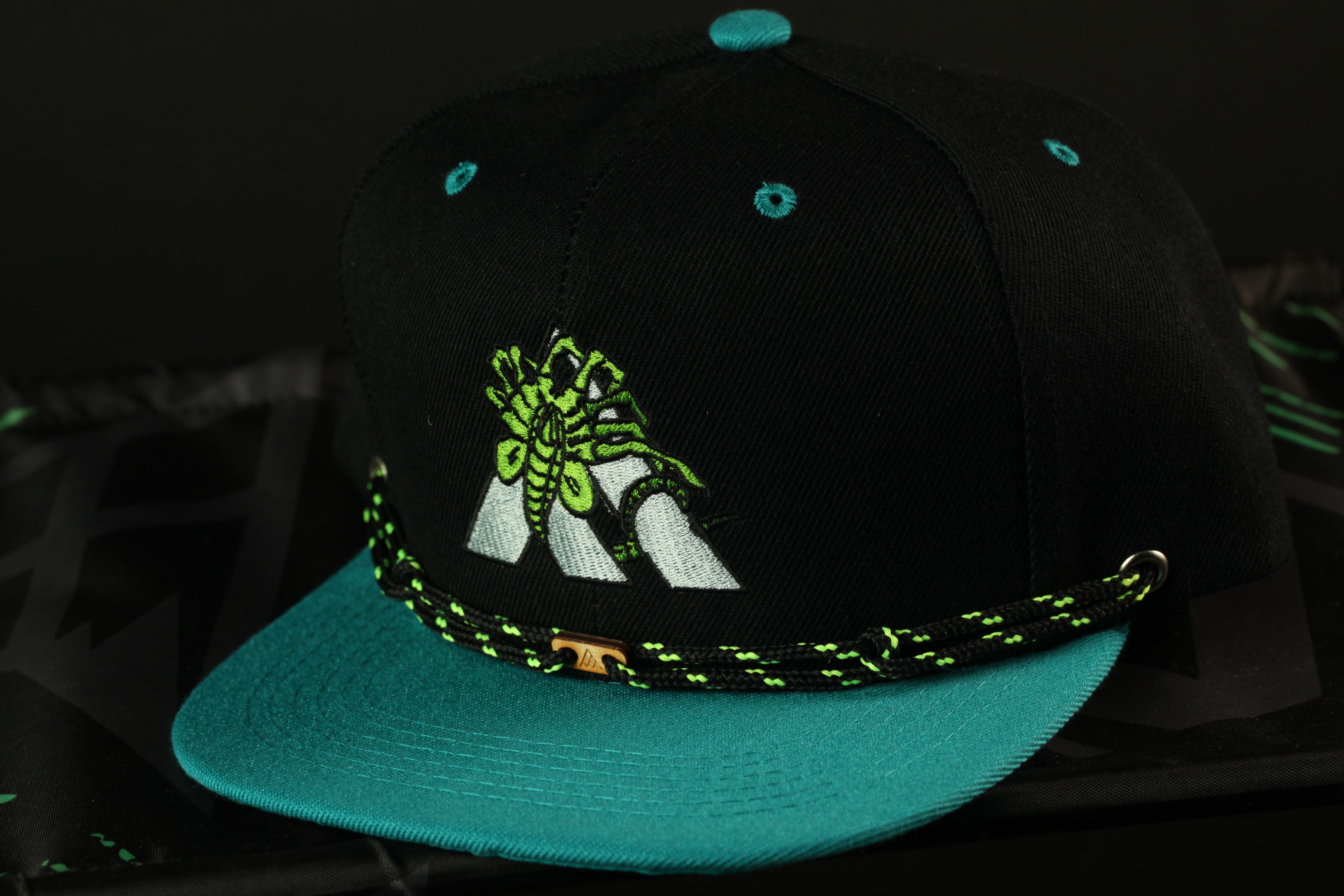 A black baseball cap with a teal brim and a green and white graphic on the front, featuring a small gold-colored buckle.