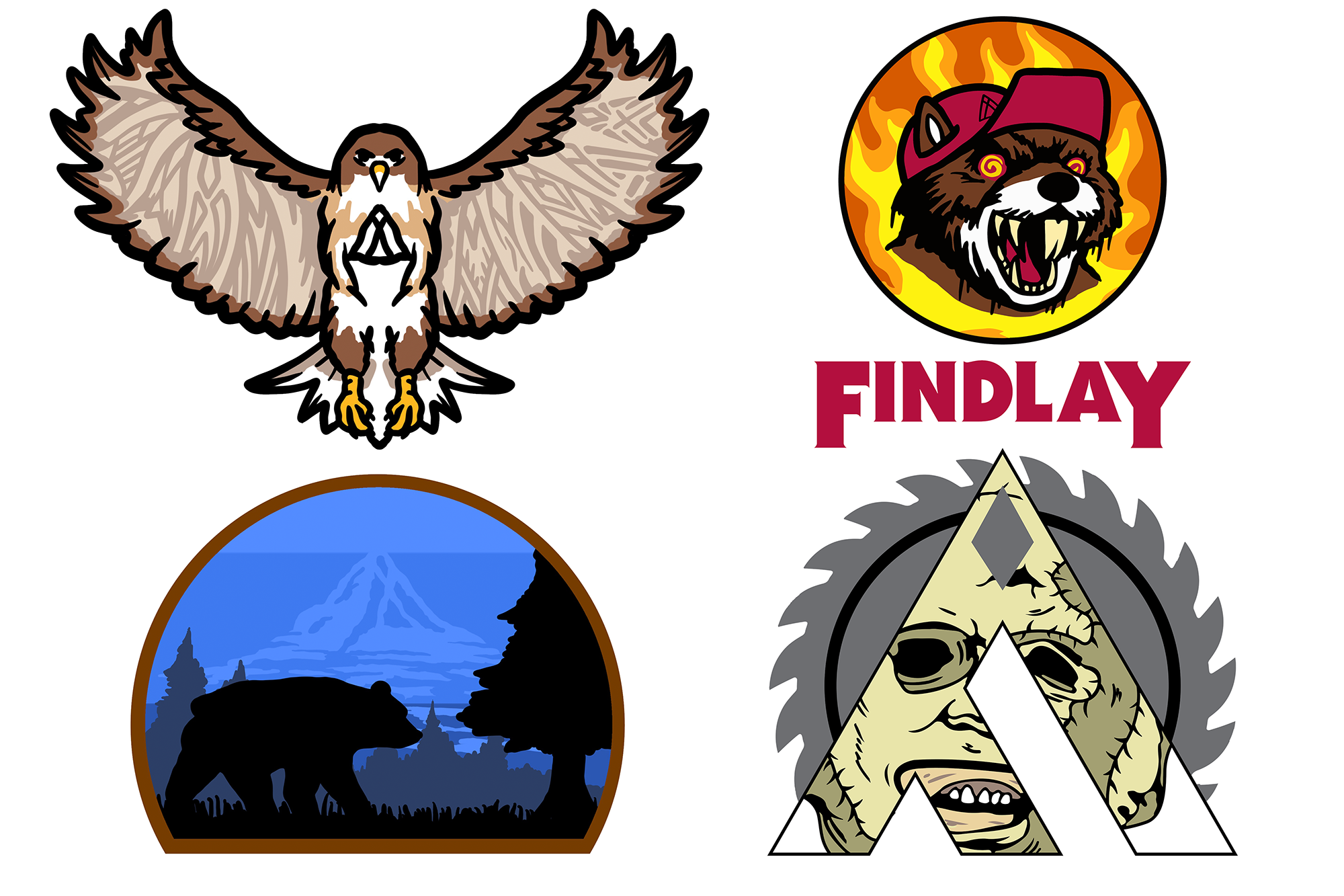 four distinct logos or illustrations, including a bird, a wolf, a bear, and a saw blade.