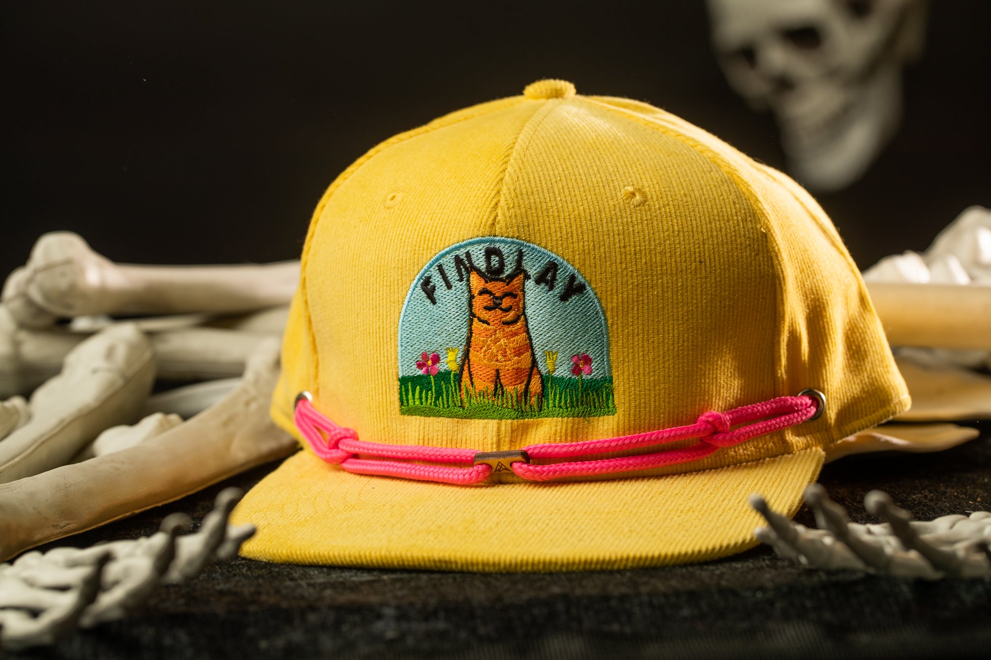 A yellow baseball cap with a cat embroidered on it, sitting on a surface with bones and a skeleton in the background.