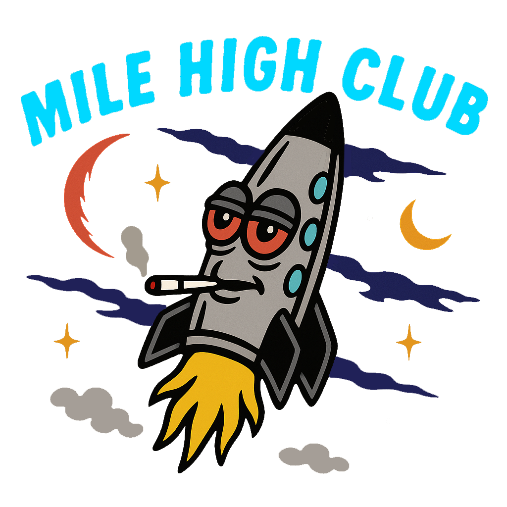 A cartoon rocket ship with a cigarette in its mouth, flying through a cloudy sky with stars and a crescent moon.