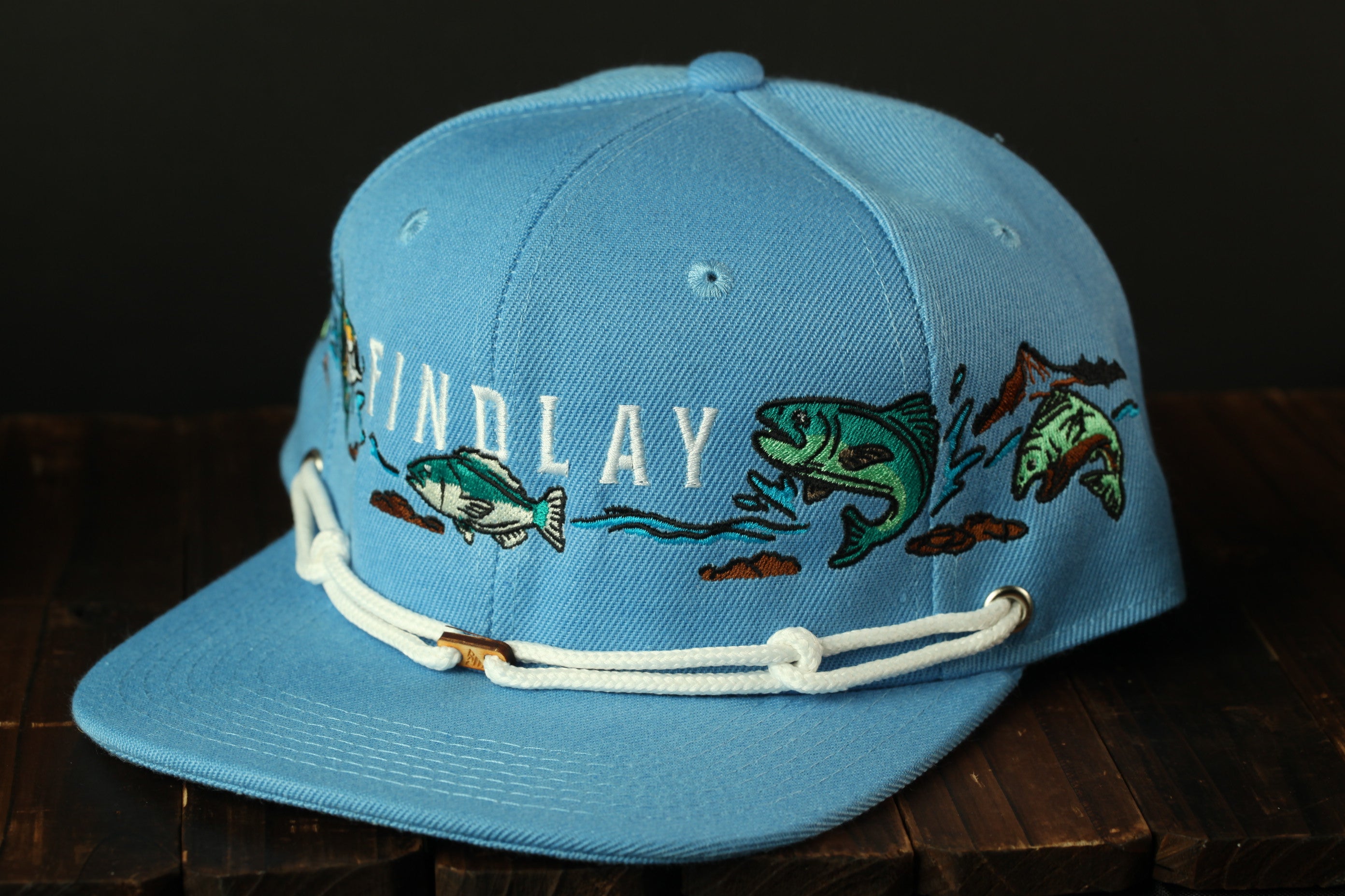 A blue baseball cap with a fishing-themed design, including fish and water elements, is shown on a wooden surface.