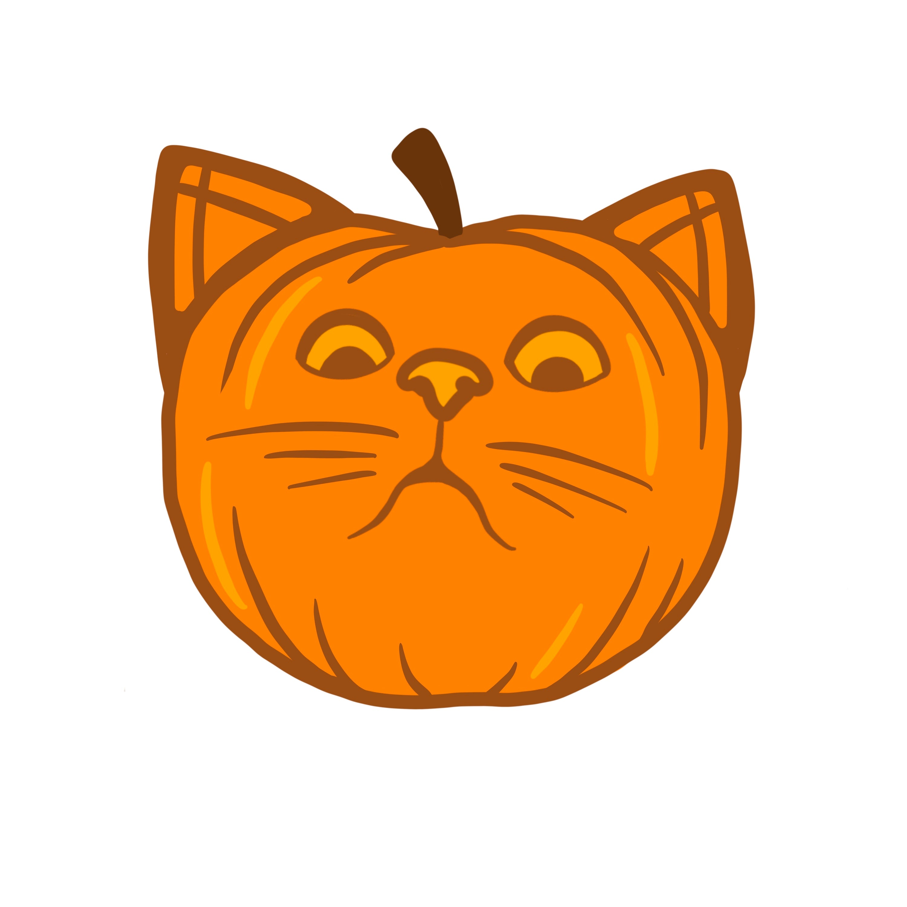 A cartoon illustration of a cat-shaped pumpkin with a face and two ears.