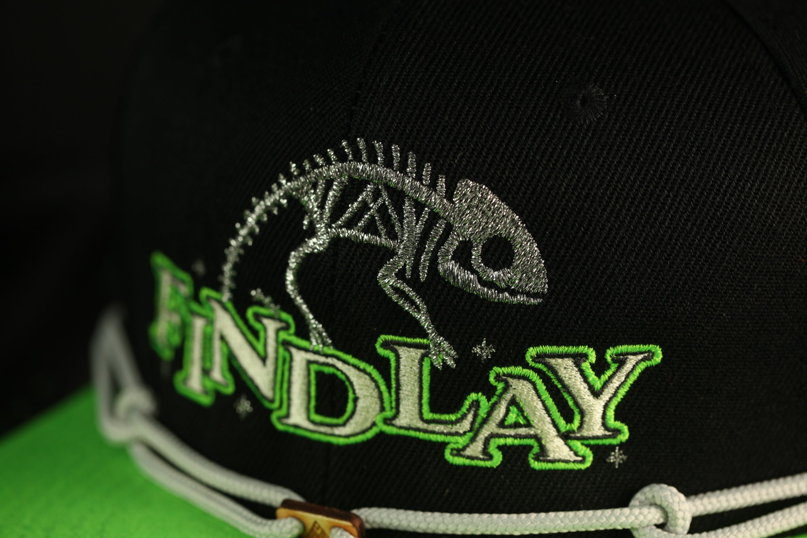 A close-up view of a black baseball cap with a green and white embroidered logo on the front.