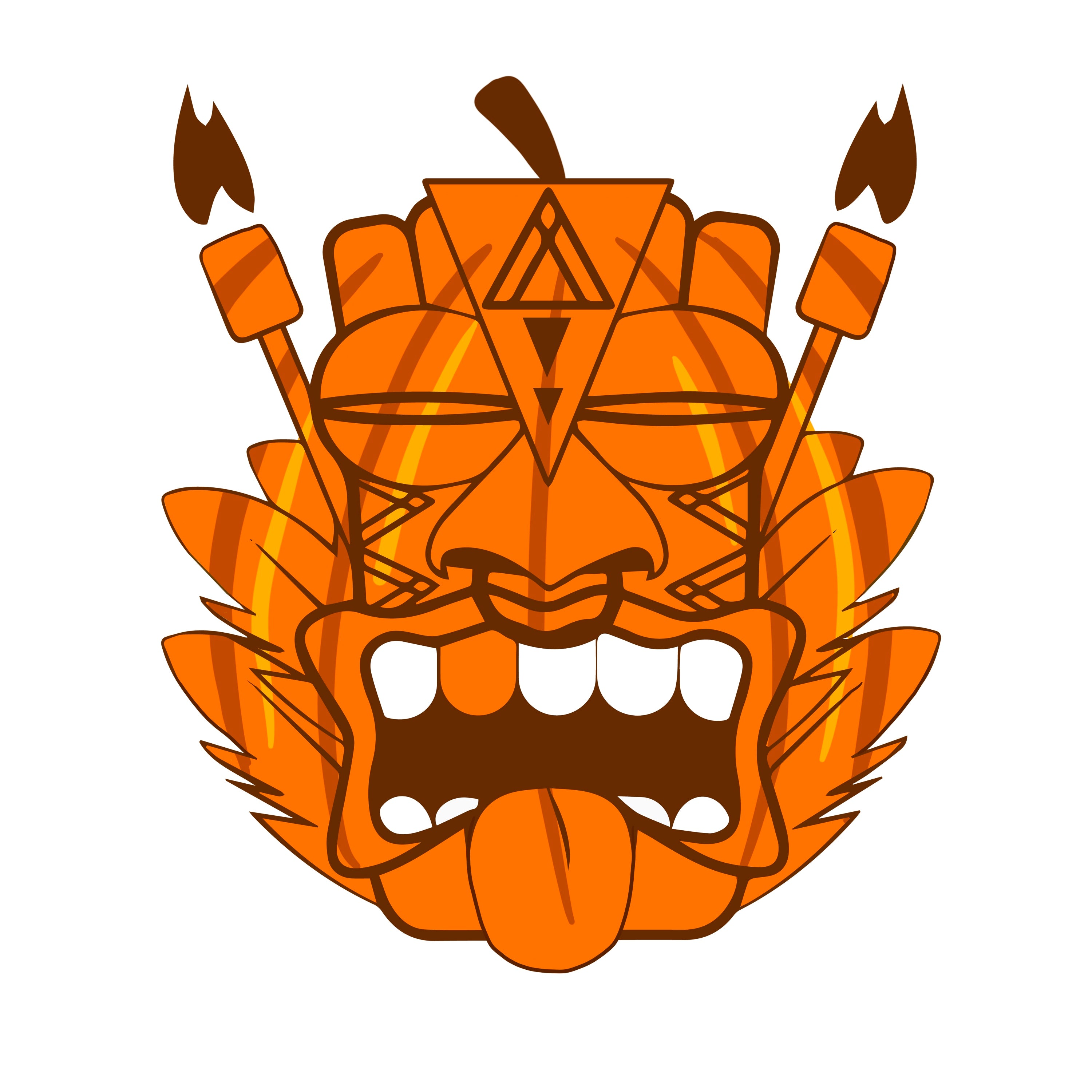 a stylized, cartoonish depiction of a tiki mask with an exaggerated, exaggerated mouth and tongue.
