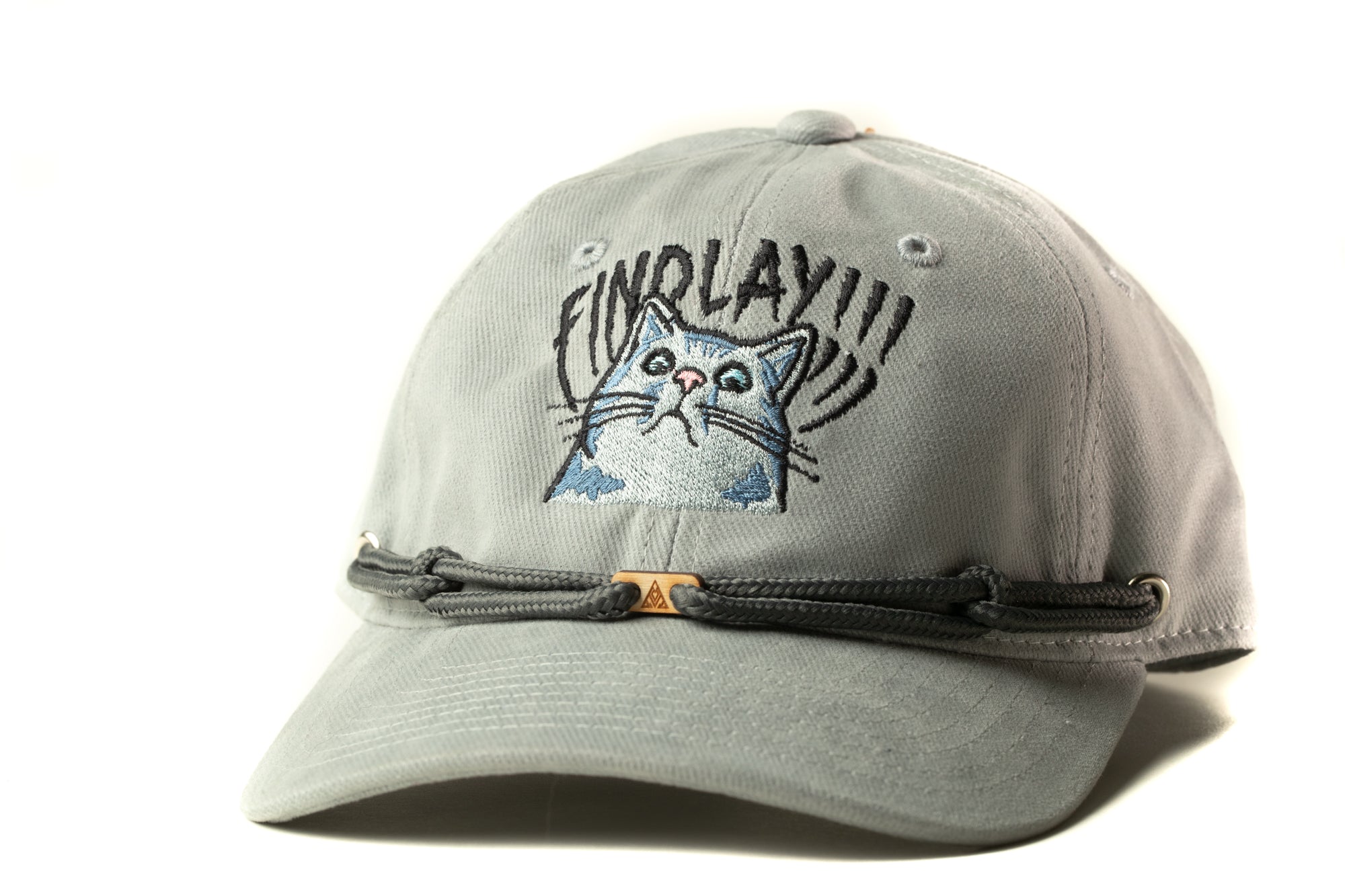 A gray baseball cap with a cat embroidered on it, featuring the text "FIND LAY!!!"