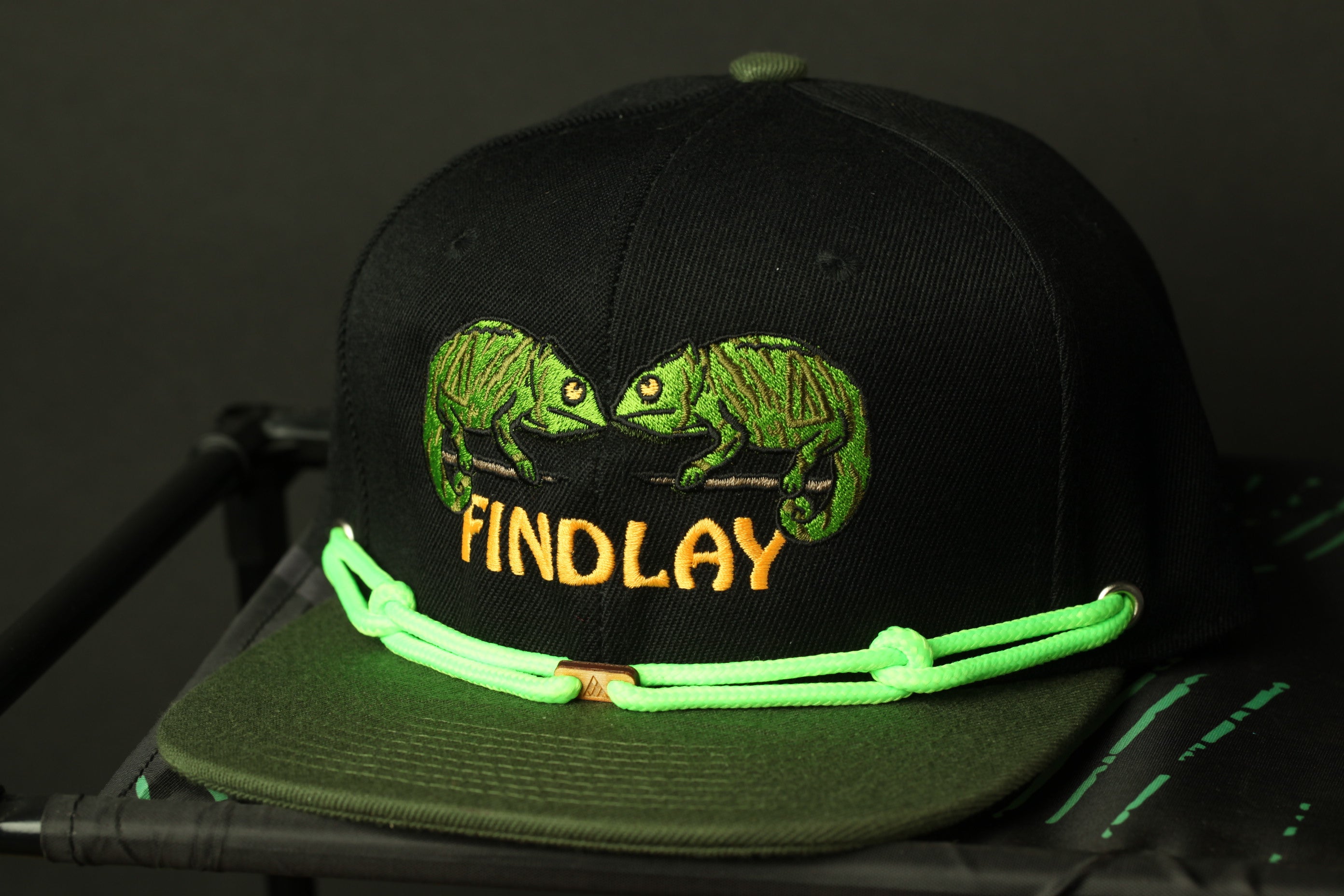 A black baseball cap with a green rope and a graphic of two green chameleons on it.