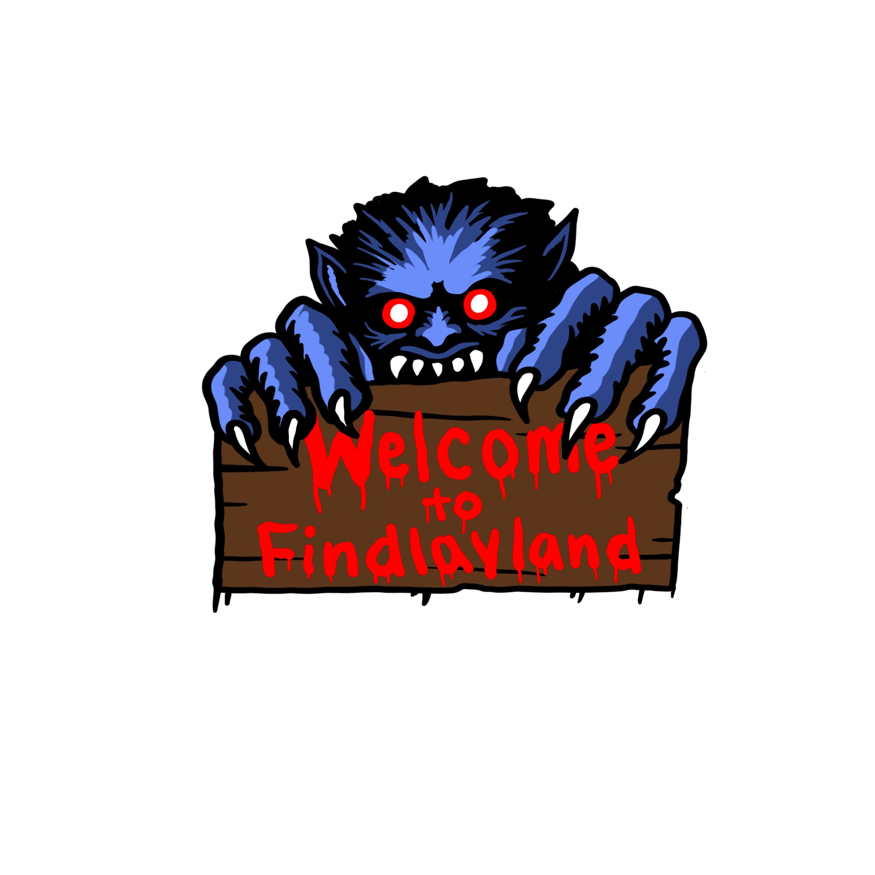A cartoon illustration of a blue monster with red eyes holding a sign that says "Welcome to Findlayland".