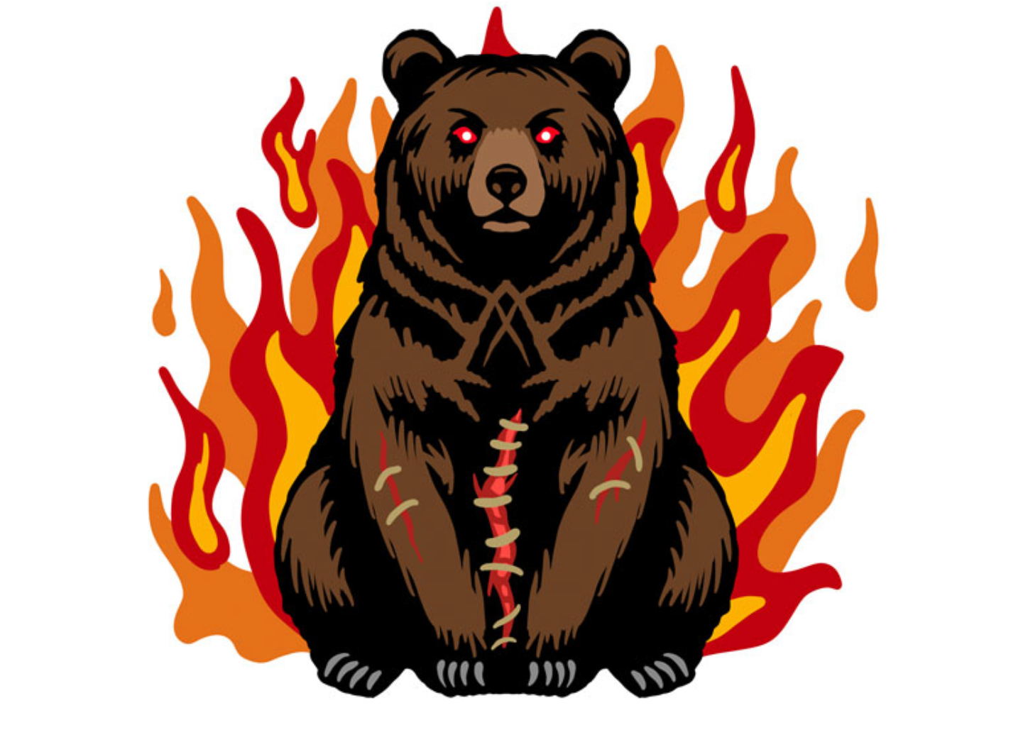 A brown bear with a torn appearance sits amidst flames, conveying a sense of danger or distress.