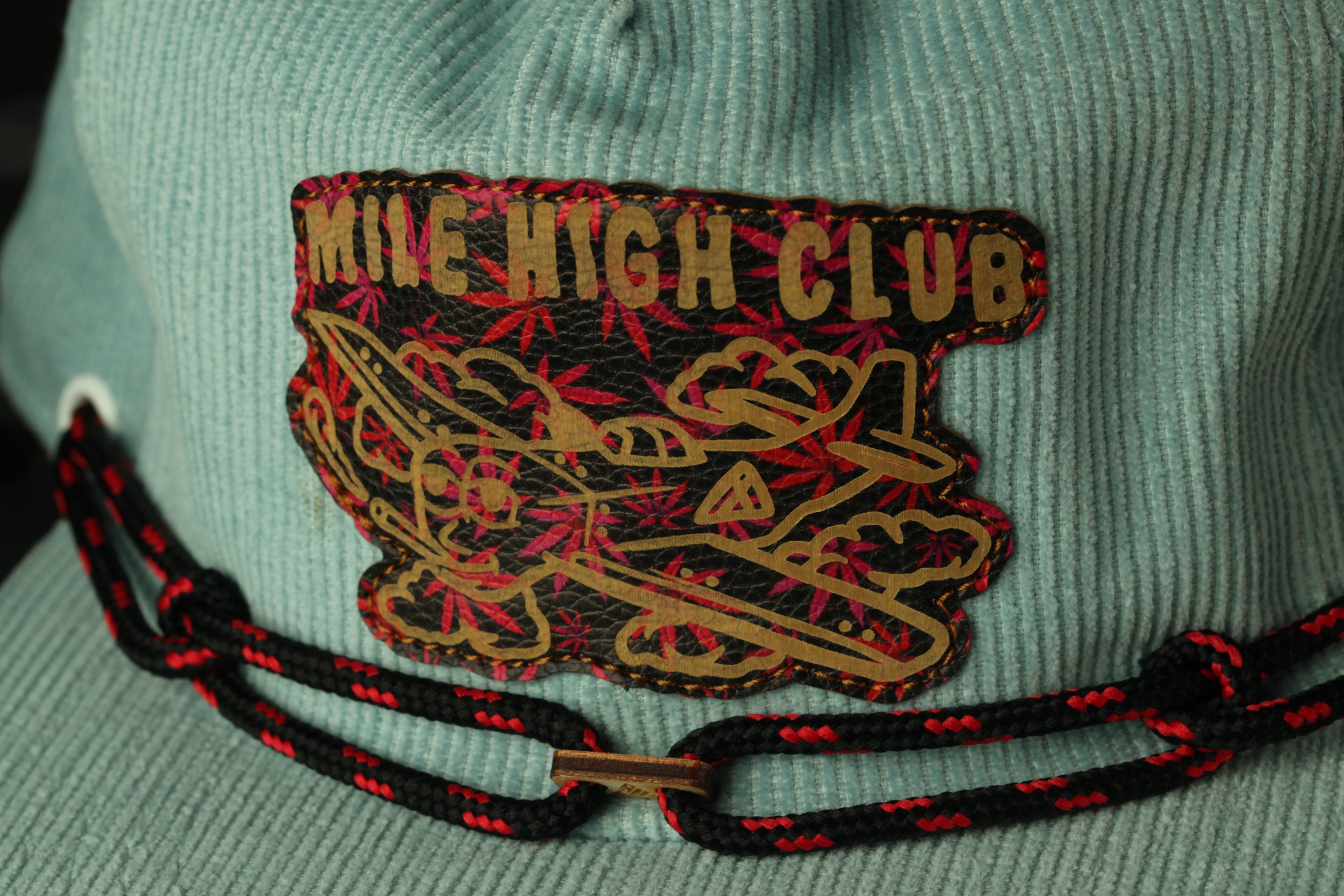 A close-up of a light blue hat with a decorative patch on the front, featuring a stylized design of a bird and flowers.