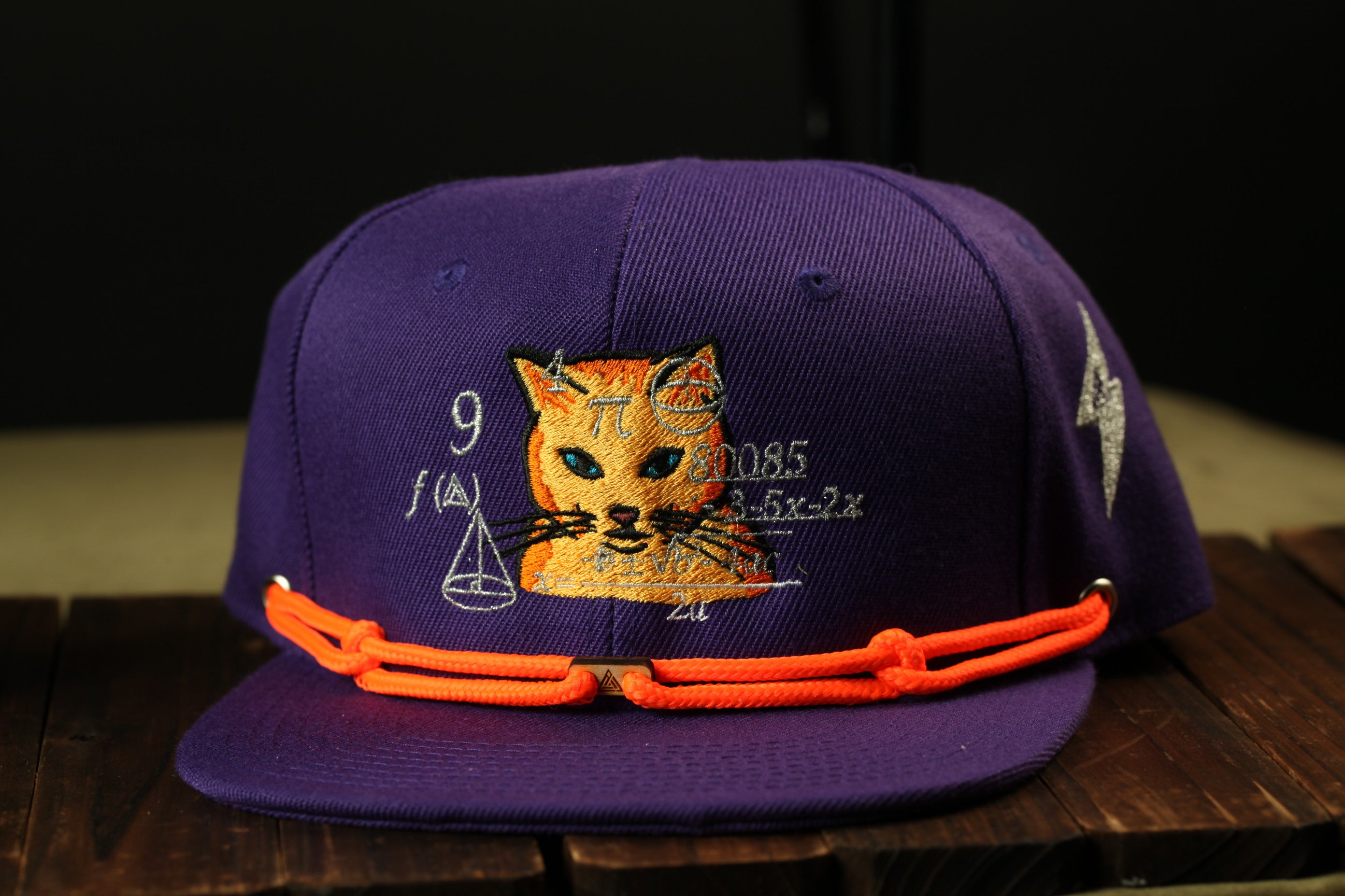 A purple baseball cap with an embroidered image of a cat and some mathematical equations.