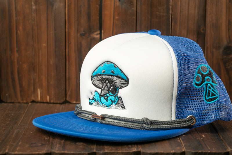 A blue and white baseball cap with a mushroom design on the front, placed on a wooden surface.