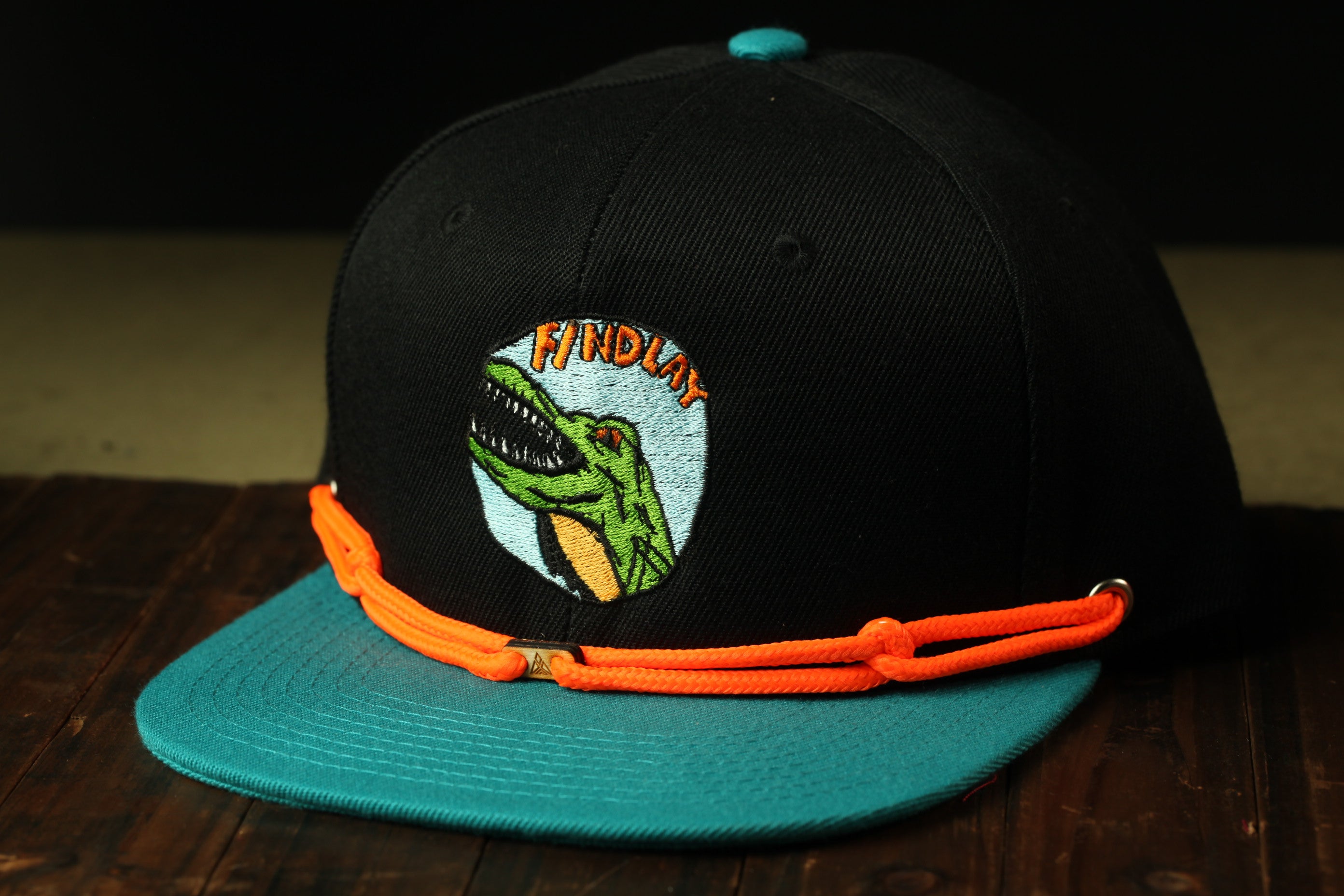A black baseball cap with a graphic of a green dinosaur on the front, and an orange string around the brim.