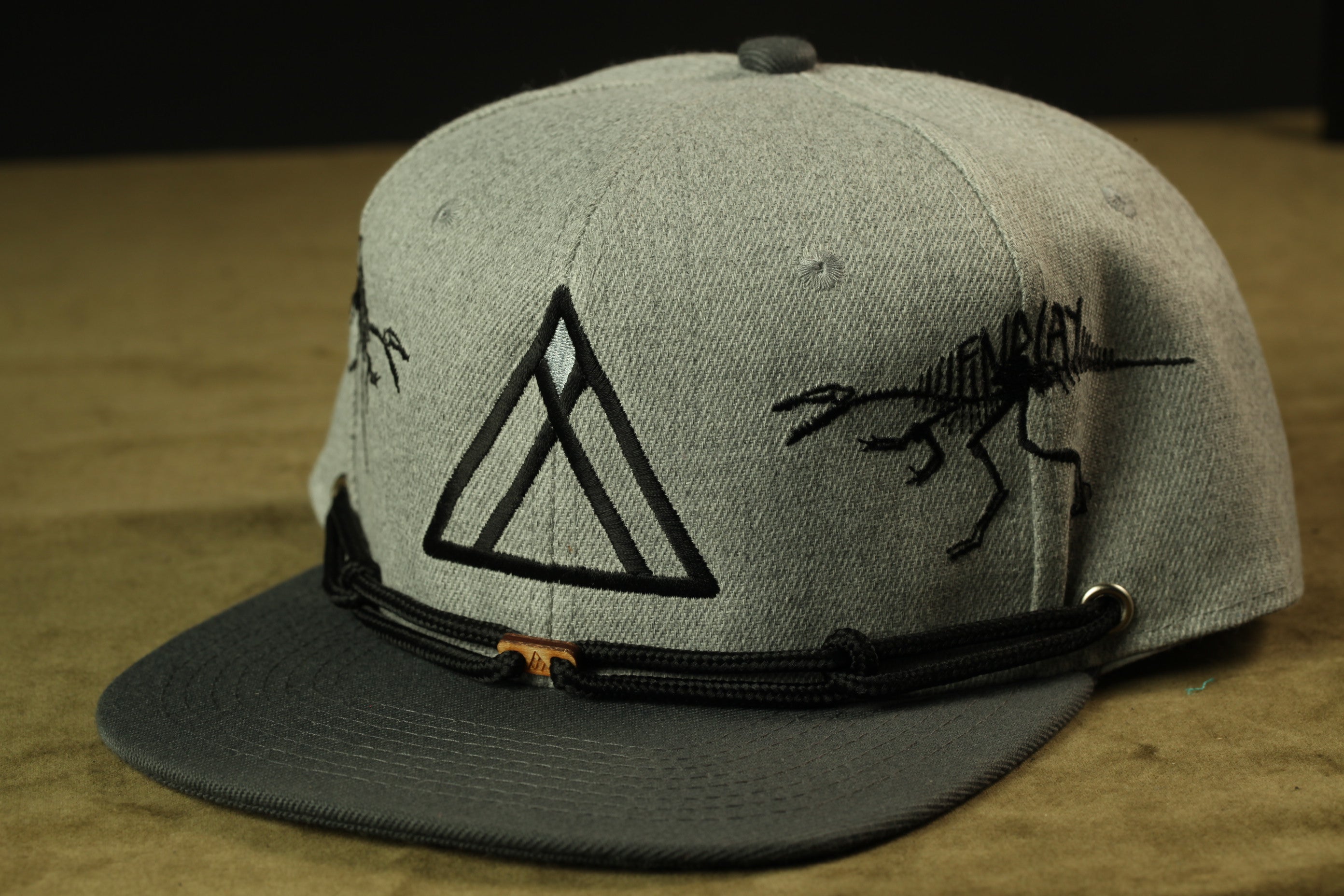 A gray baseball cap with a black dinosaur design on the front.