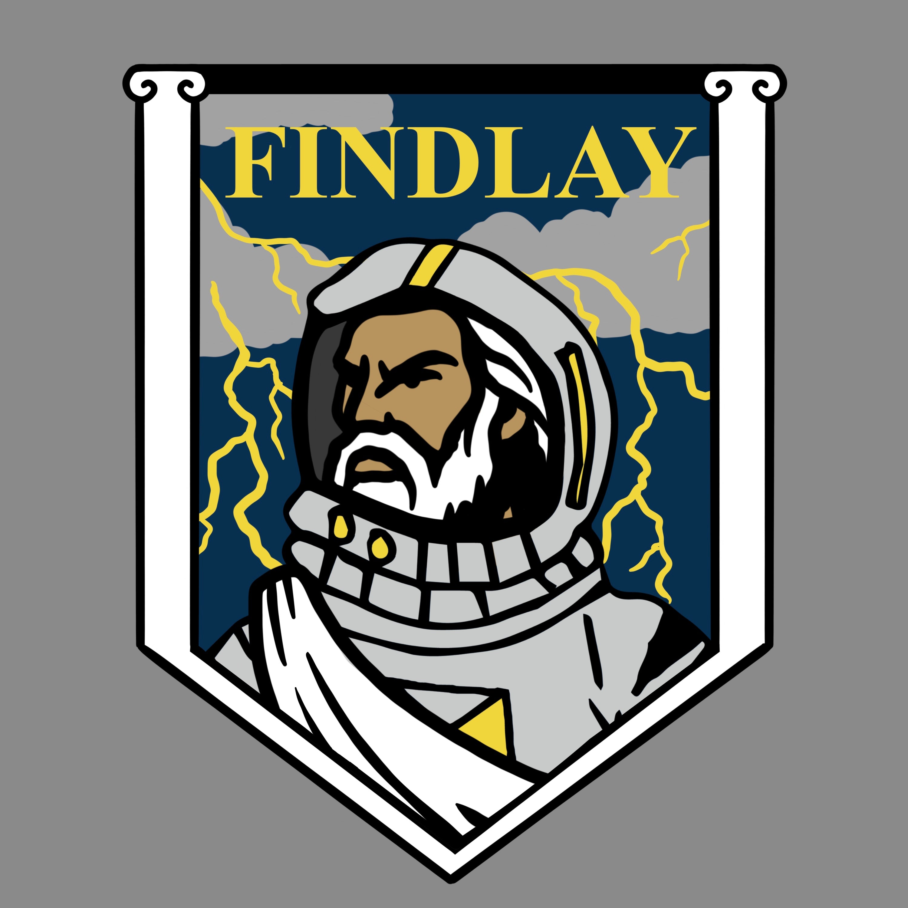 a shield-shaped graphic with a man wearing a helmet and a cape, set against a stormy sky with lightning bolts.