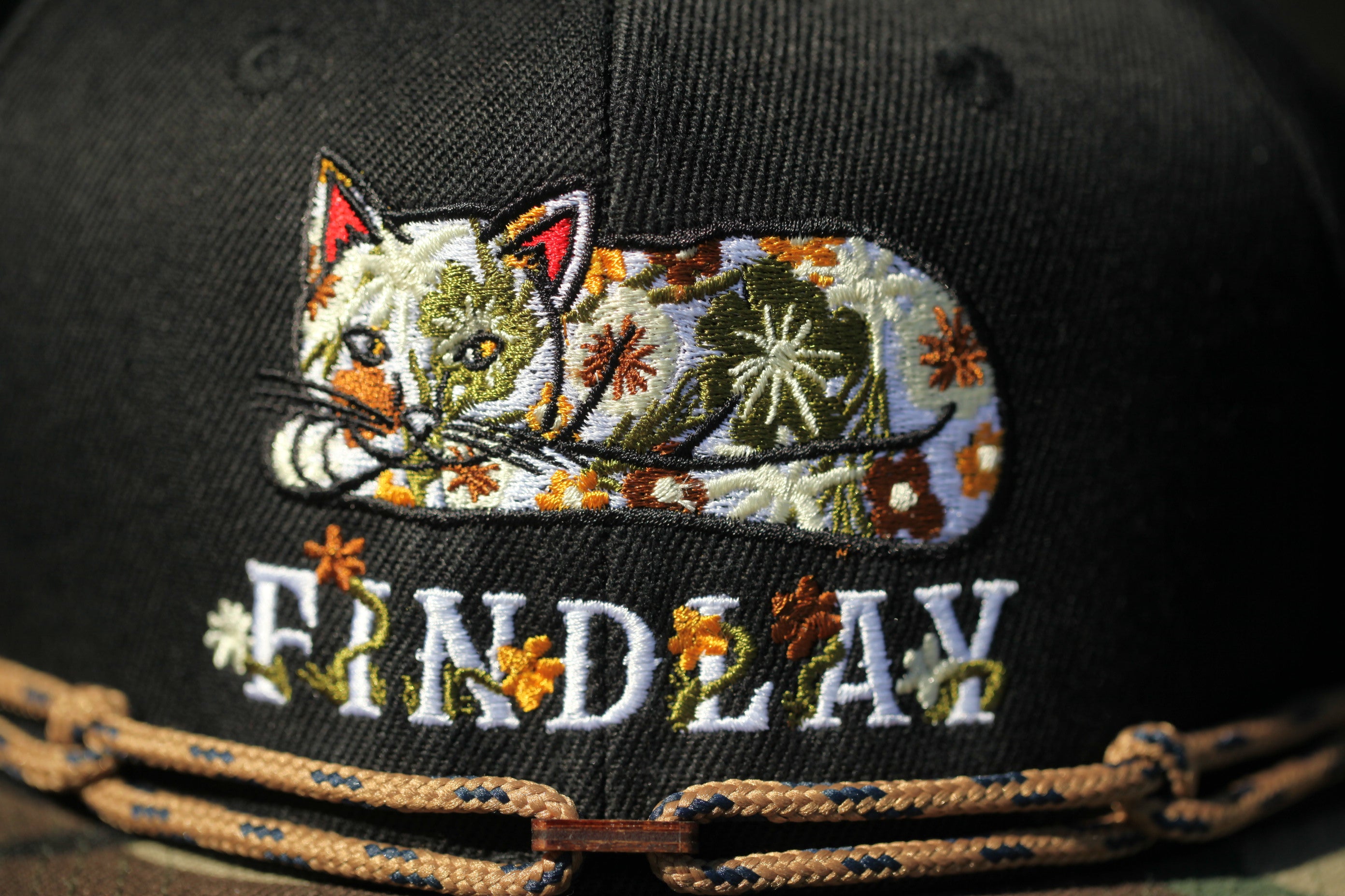 A close-up of a black baseball cap with a colorful embroidered cat design and the word "FIND LAY" printed on it.