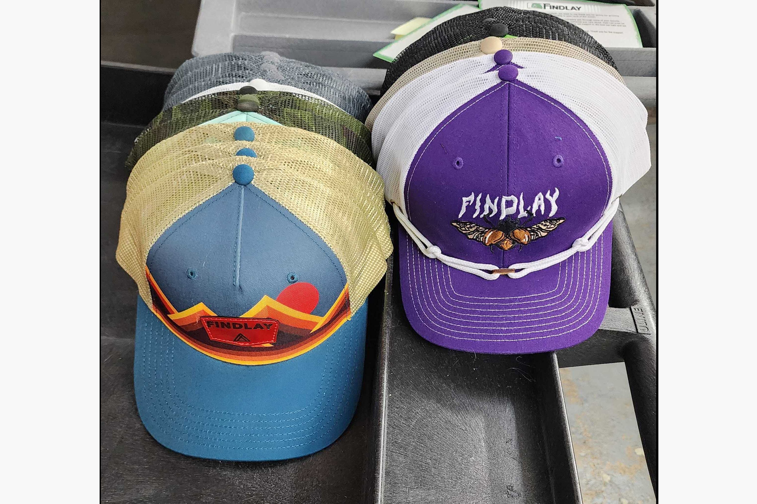 Two baseball caps are displayed side by side, one blue and one purple, with the purple cap featuring a logo.